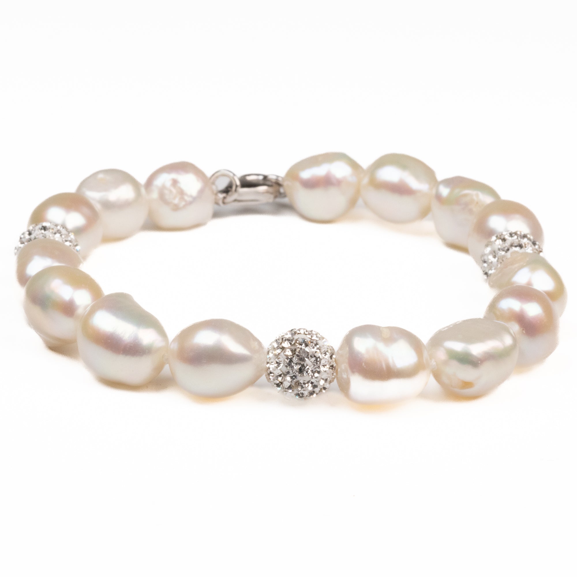 Sterling Silver Freshwater Pearl 9-10mm Bracelet With Crystal Clay Bal