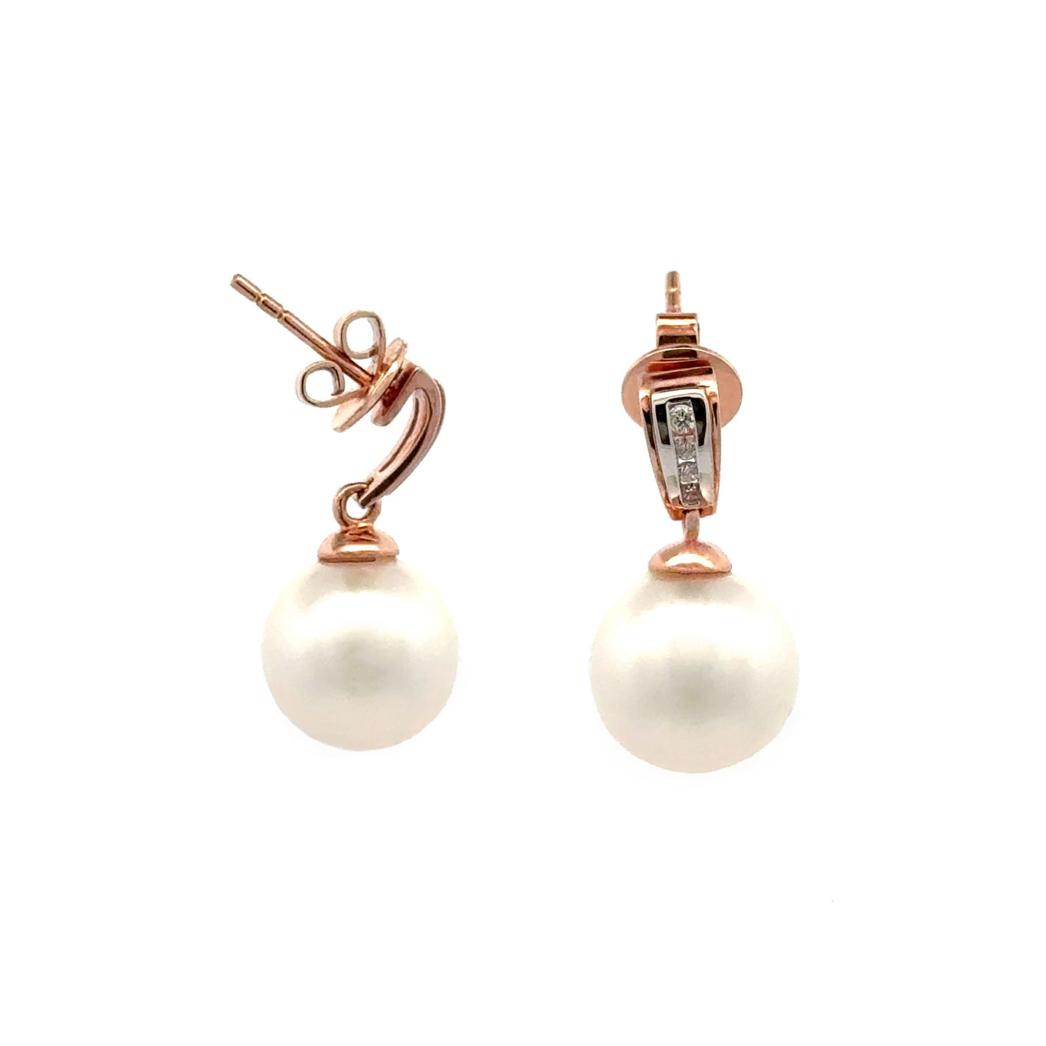 18K Rose Gold Australian South Sea Cultured 10-11 mm Pearl Drop and Diamond Earrings