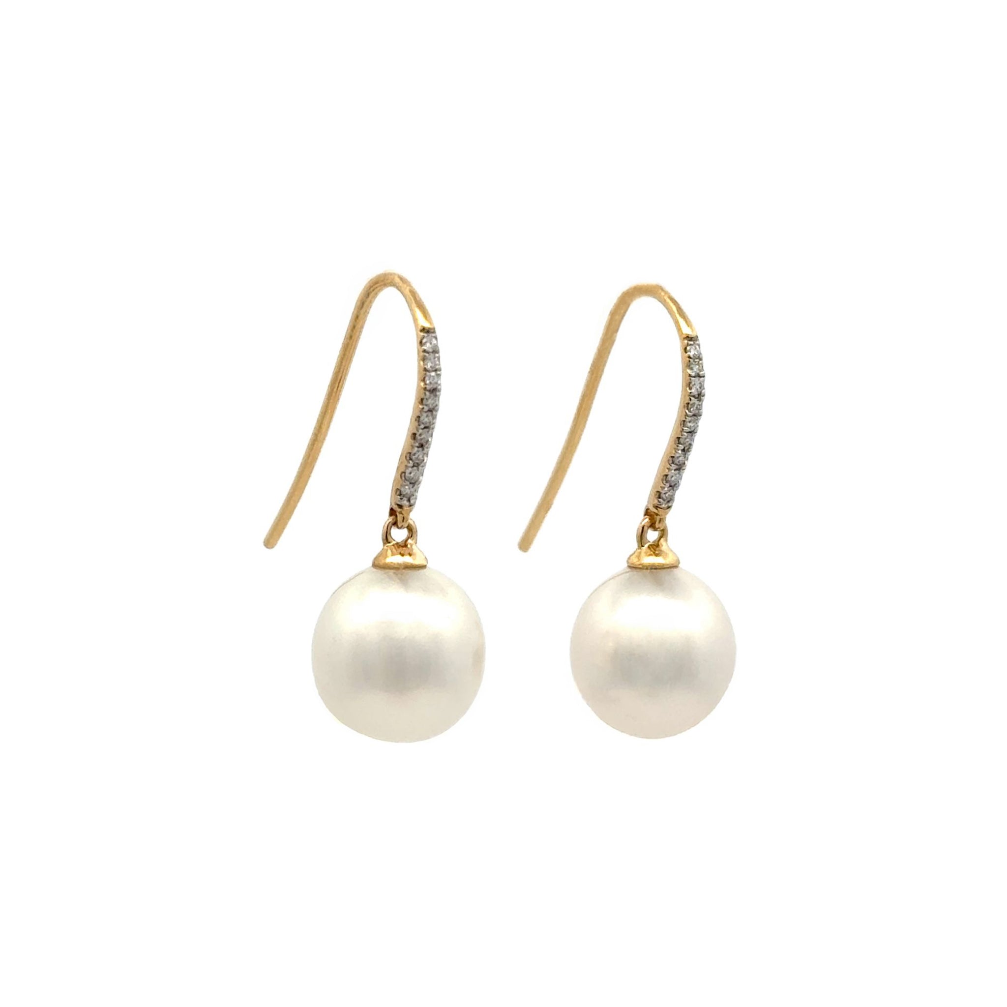 18K Yellow Gold Australian South Sea Cultured 10-11 mm Pearl and Diamond Hook Earrings