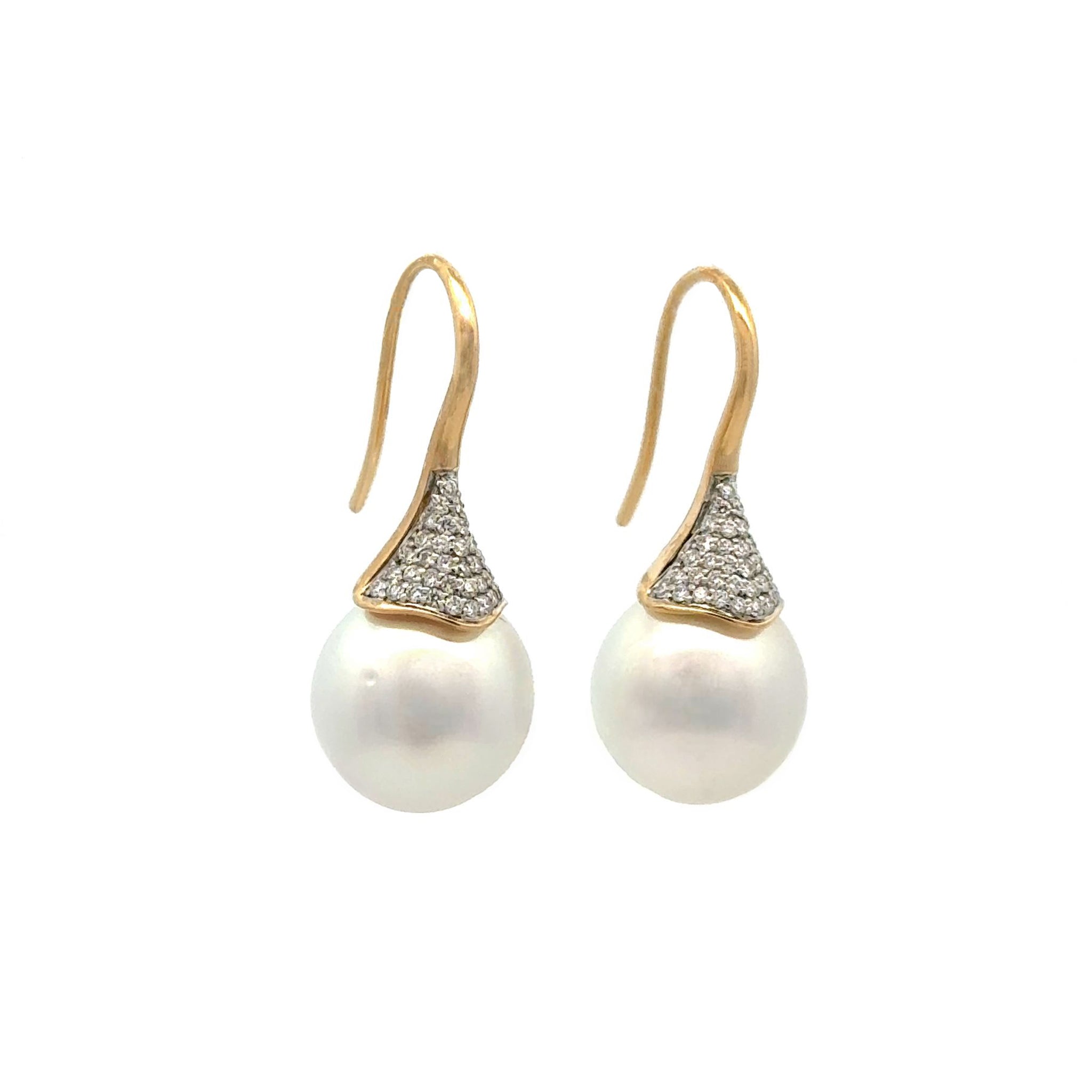 18K Yellow Gold Australian South Sea Cultured 12-13 mm Pearl and Diamond Hook Earrings.