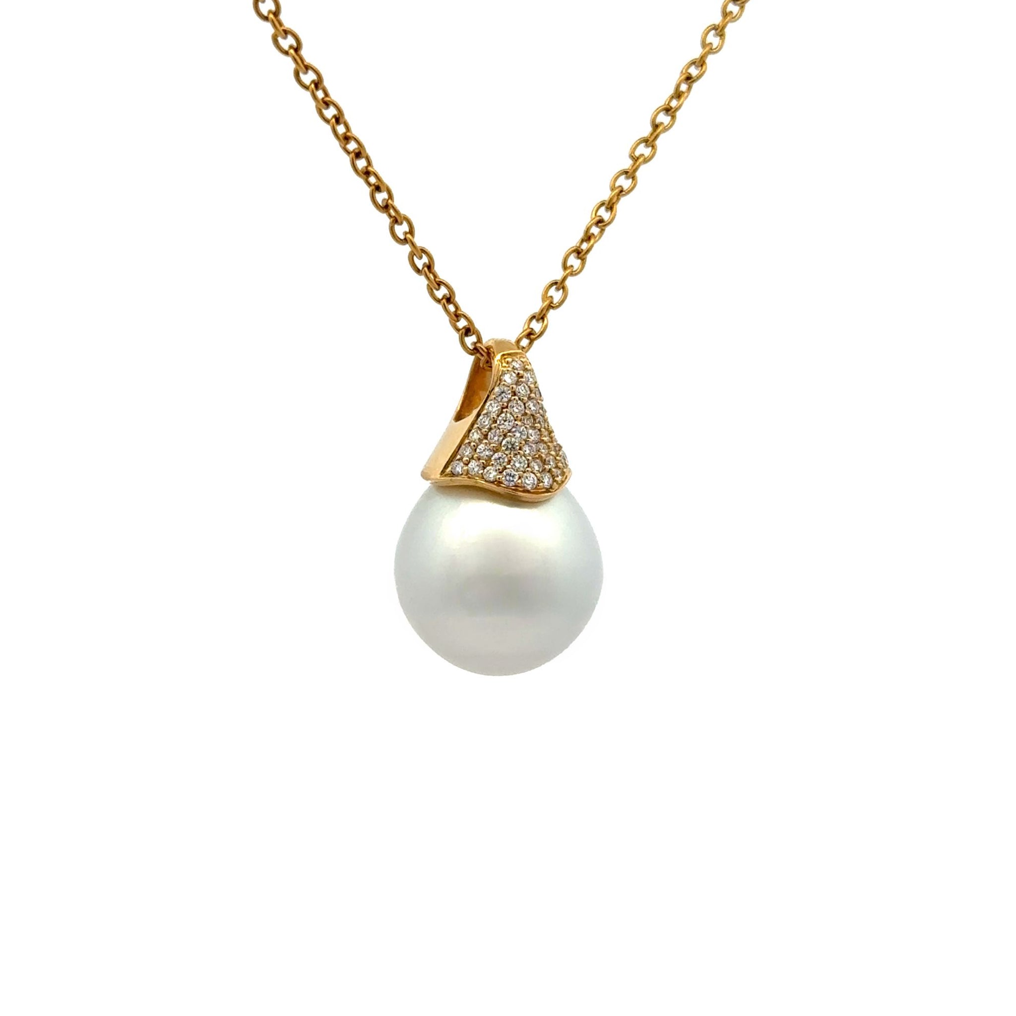 18K Yellow Gold Australian South Sea Cultured 13-14mm Pearl and Diamond Pendant