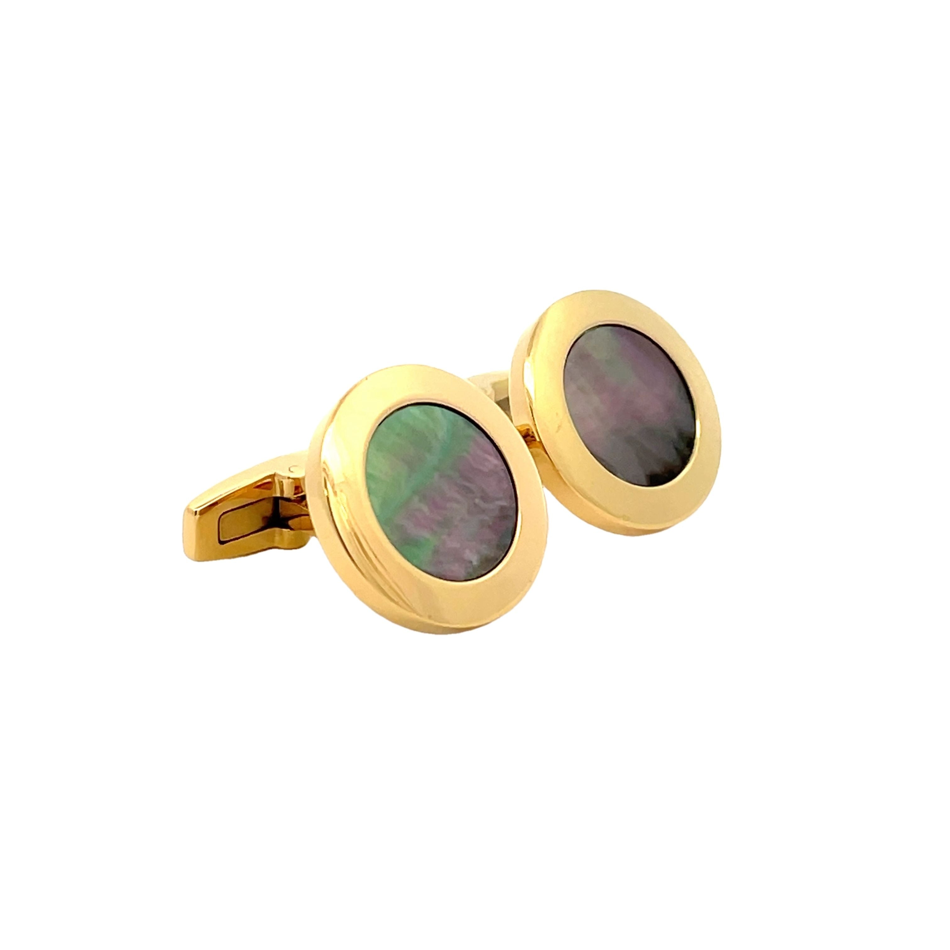 Gold Plated Stainless Steel Black Mother Of Pearl Round Cufflinks