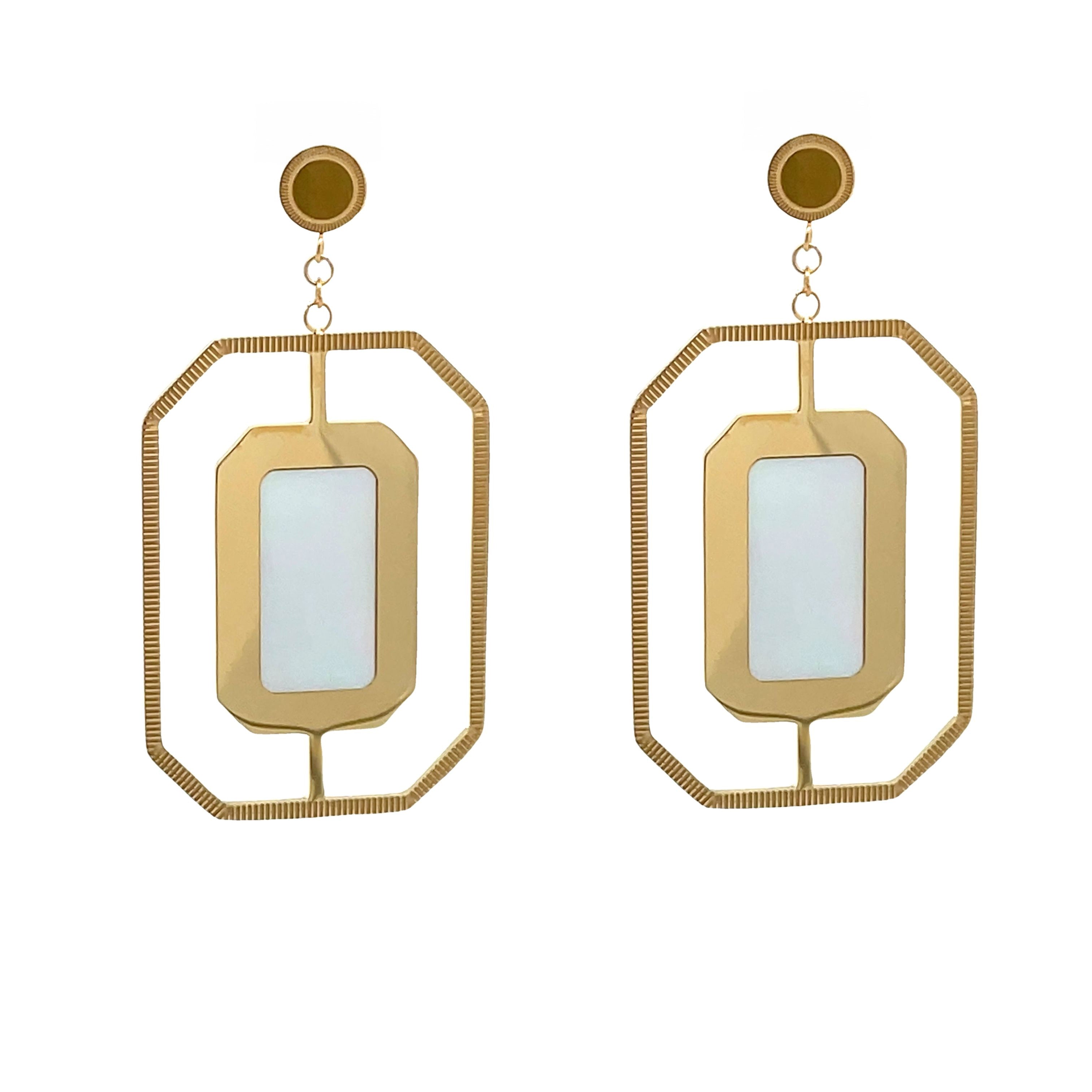 Gold Plated Stainless Steel White Mother of Pearl Statement Earrings