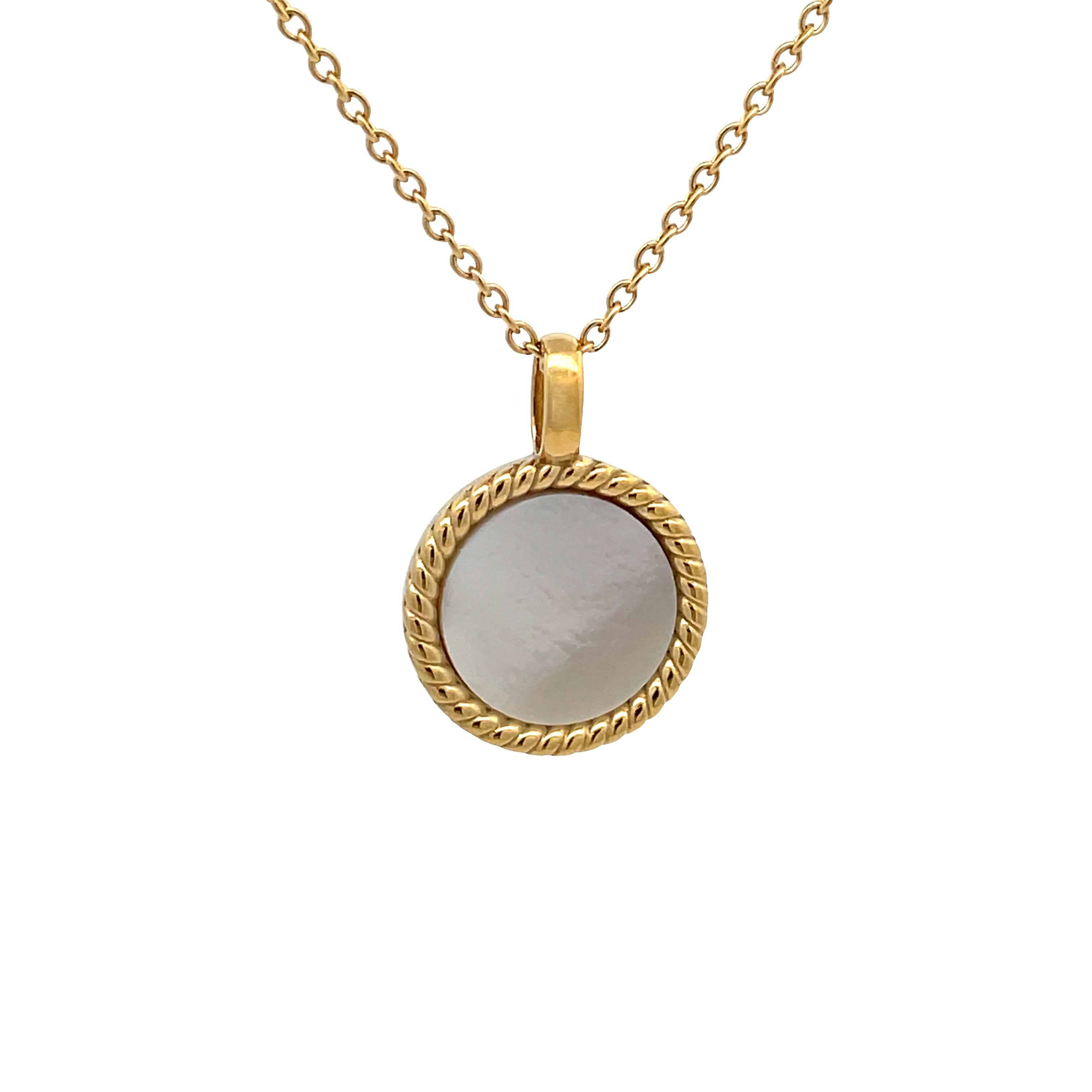 14K Gold Plated Stainless Steel White Mother Of Pearl Antique Style Disc Necklace