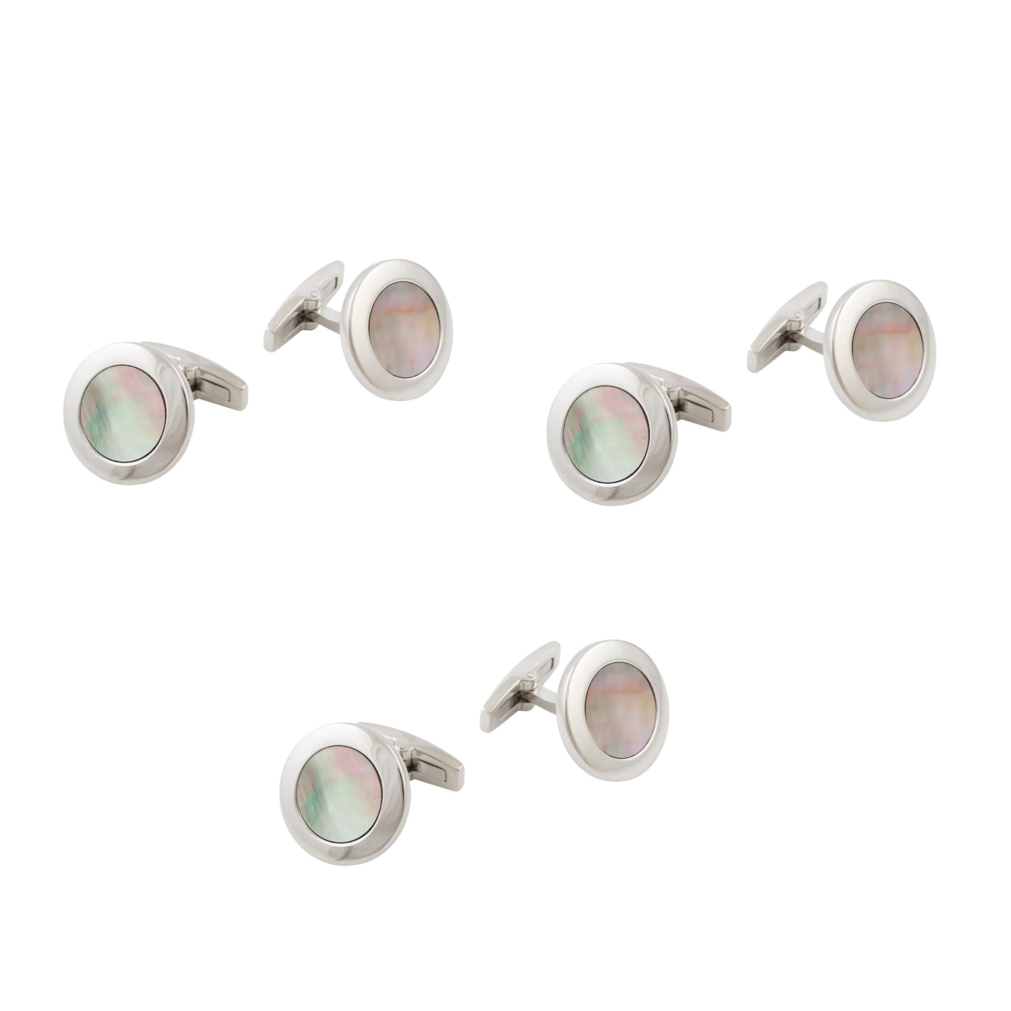 Groomsmen Three Set Bundle - Stainless Steel Black Mother Of Pearl Round Cufflinks