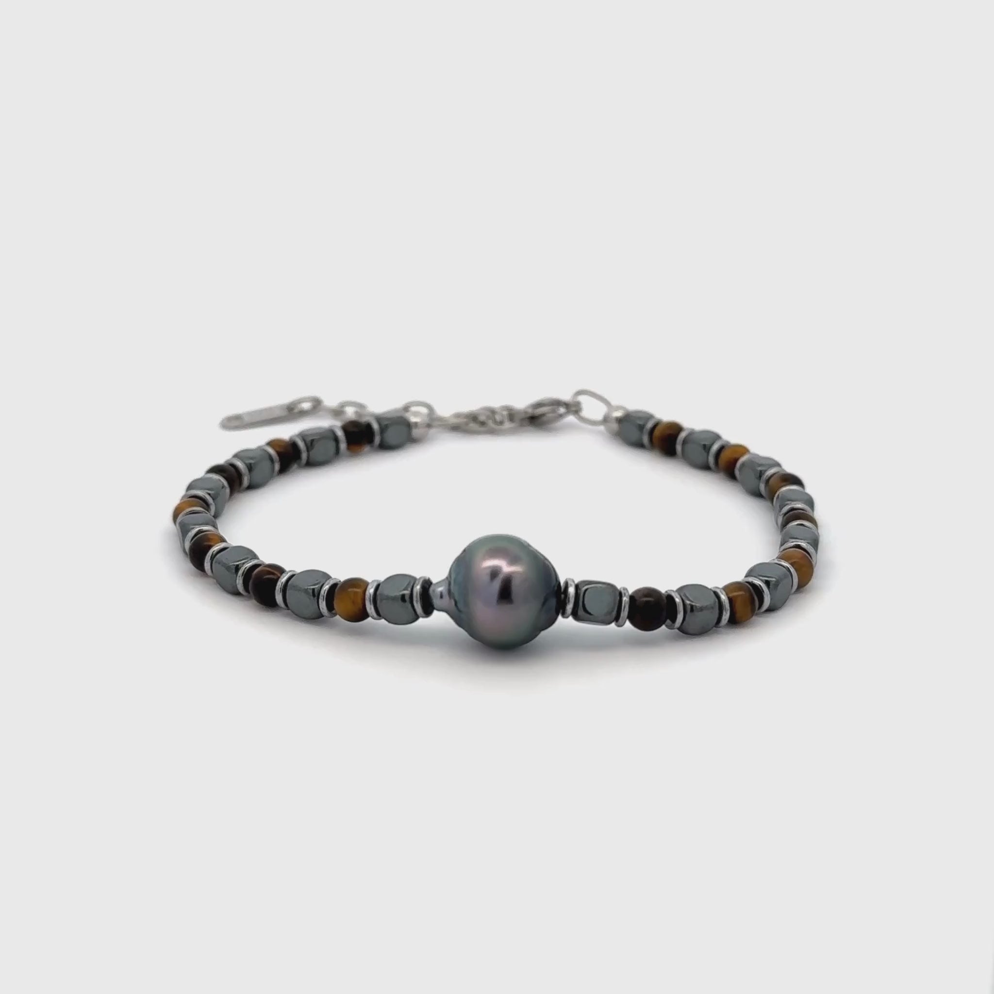 Tahiti-Perle und Silber/Schwarz/Gelbes Tigerauge Natursteinarmband