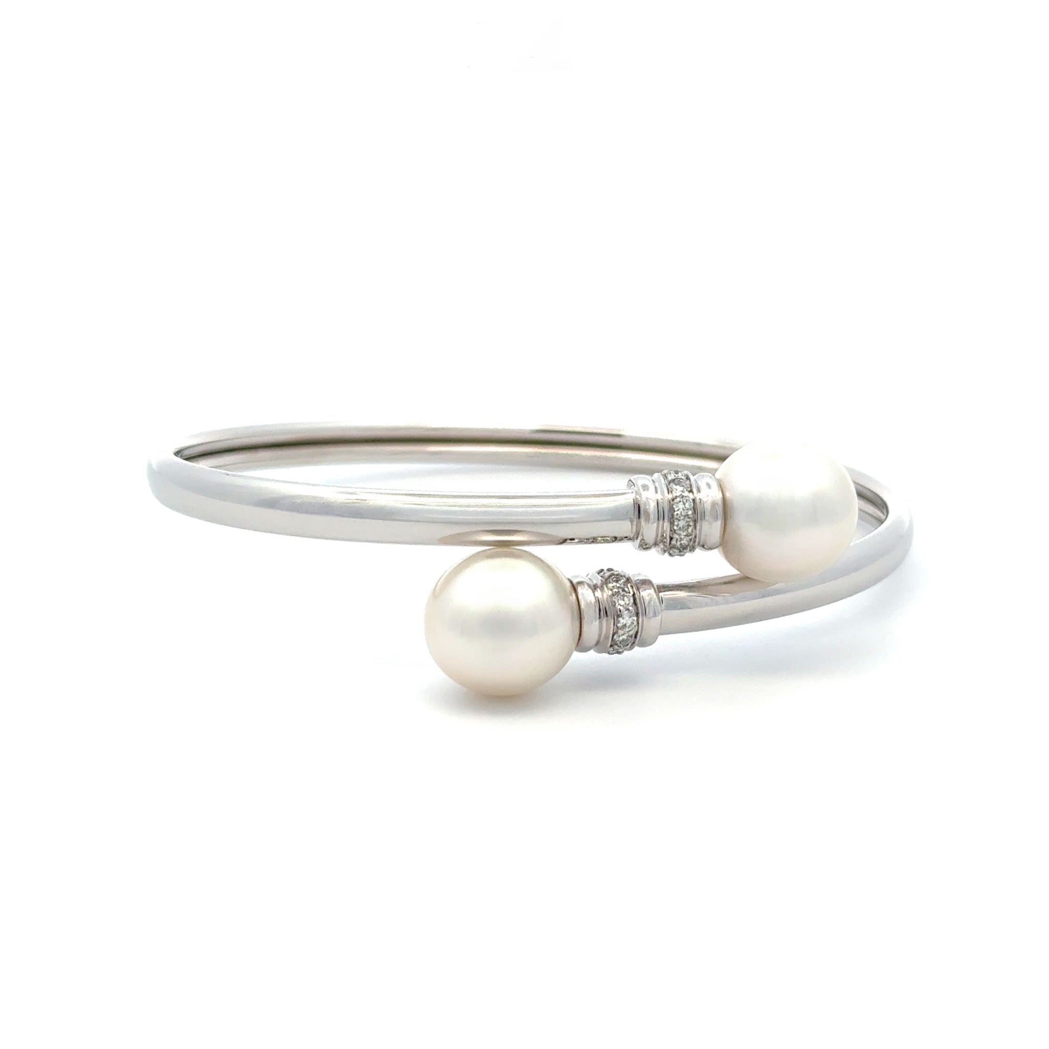 18K White Gold Australian South Sea 10-11 mm Cultured Pearl and Diamond Bangle