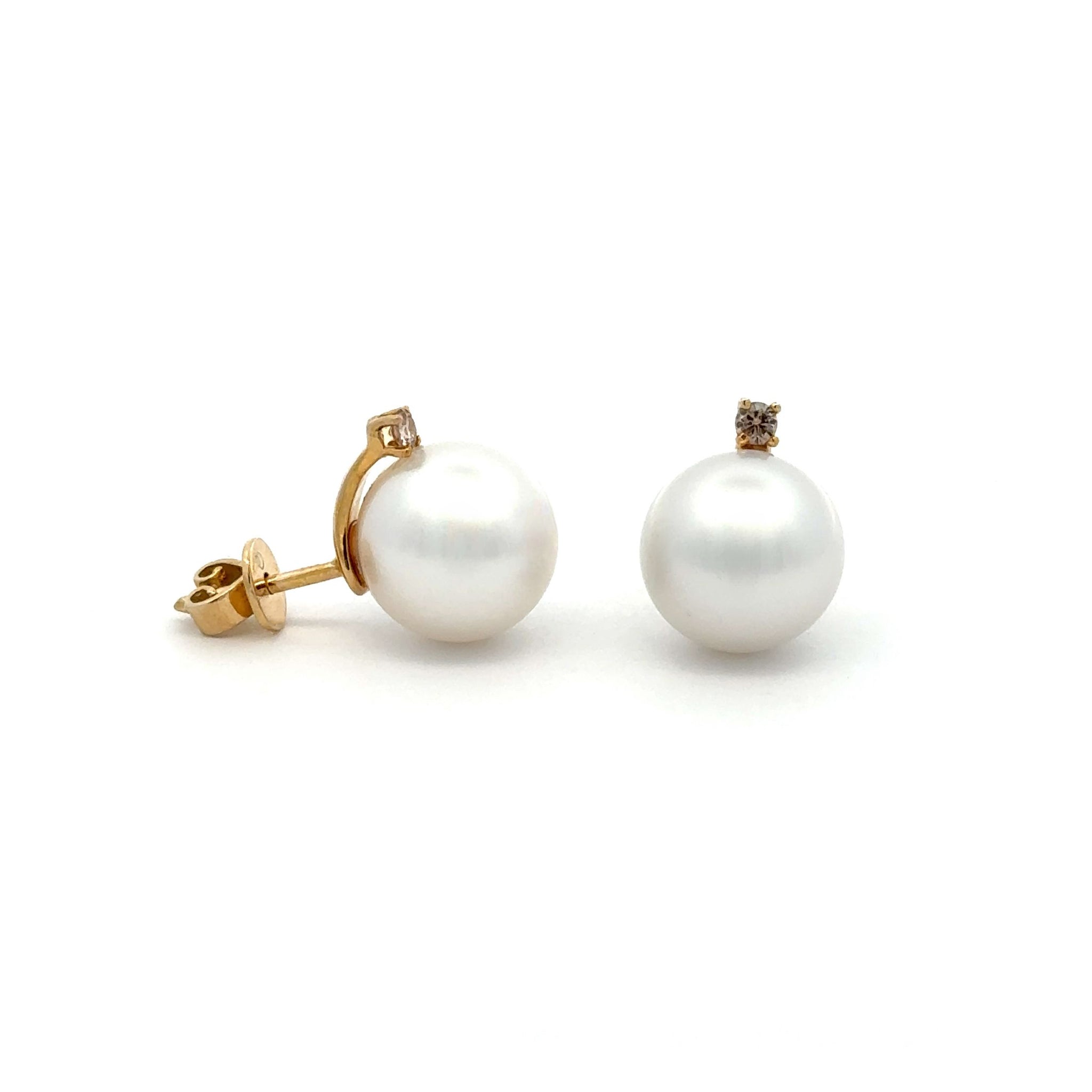 9K Yellow Gold Australian South Sea 10-11mm Cultured Pearl and Argyle Diamond Stud Earrings