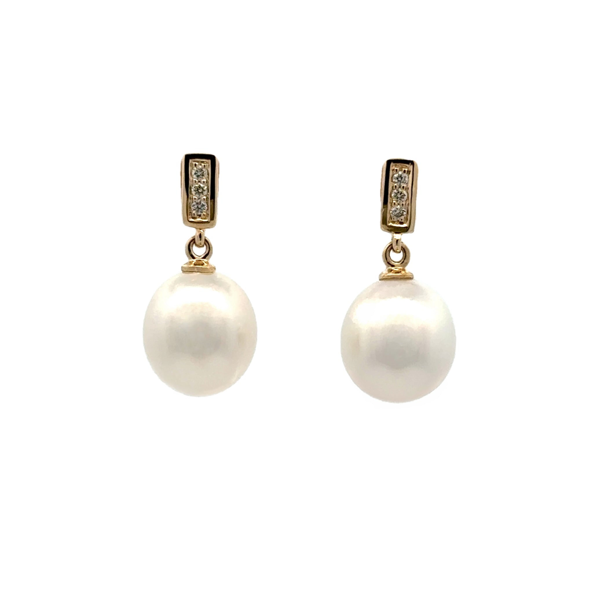 9K Yellow Gold Australian South Sea 9-10mm Cultured Pearl and Diamond Drop Earrings