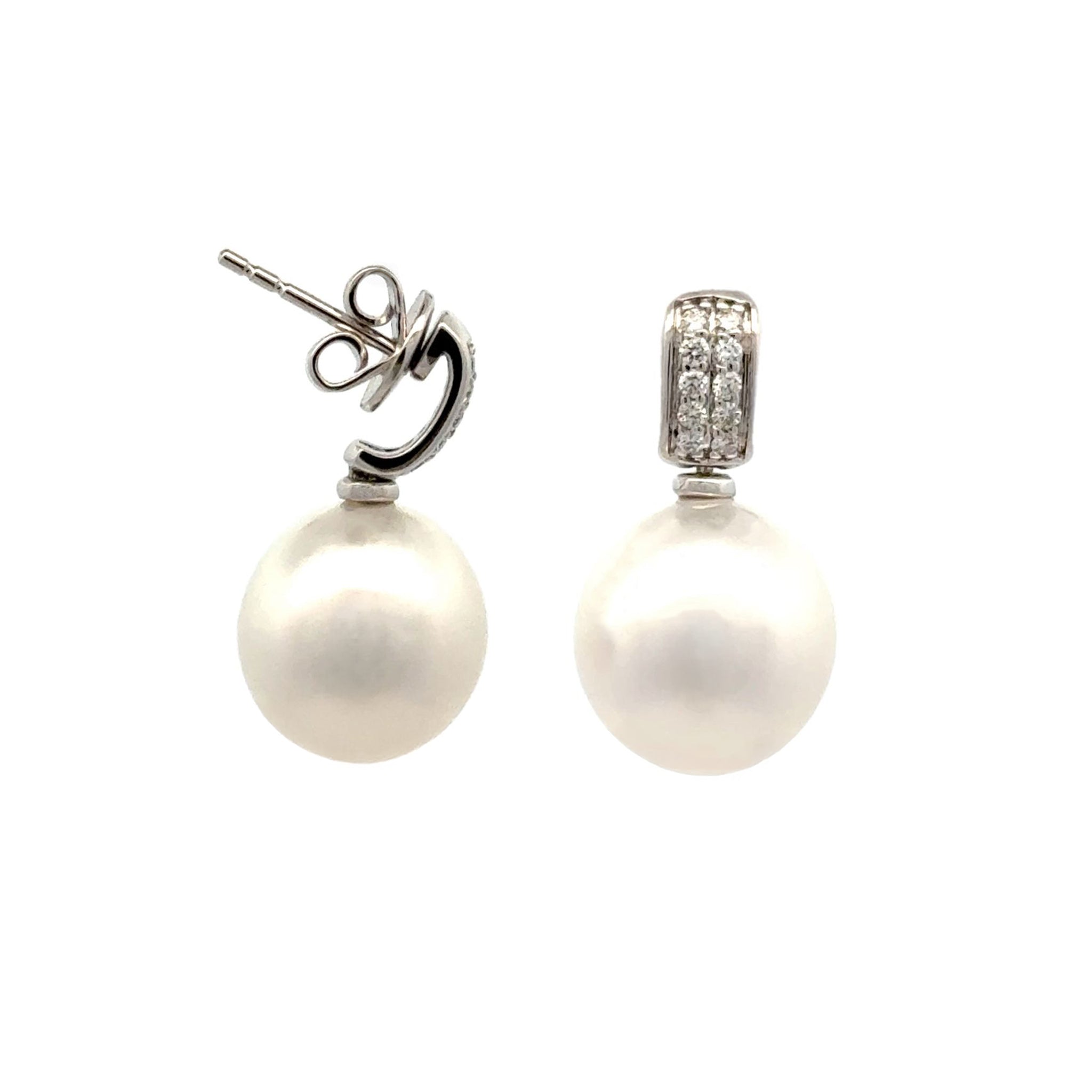 18K White Gold Australian South Sea 11-12mm Cultured Pearl and Diamond Drop Earrings