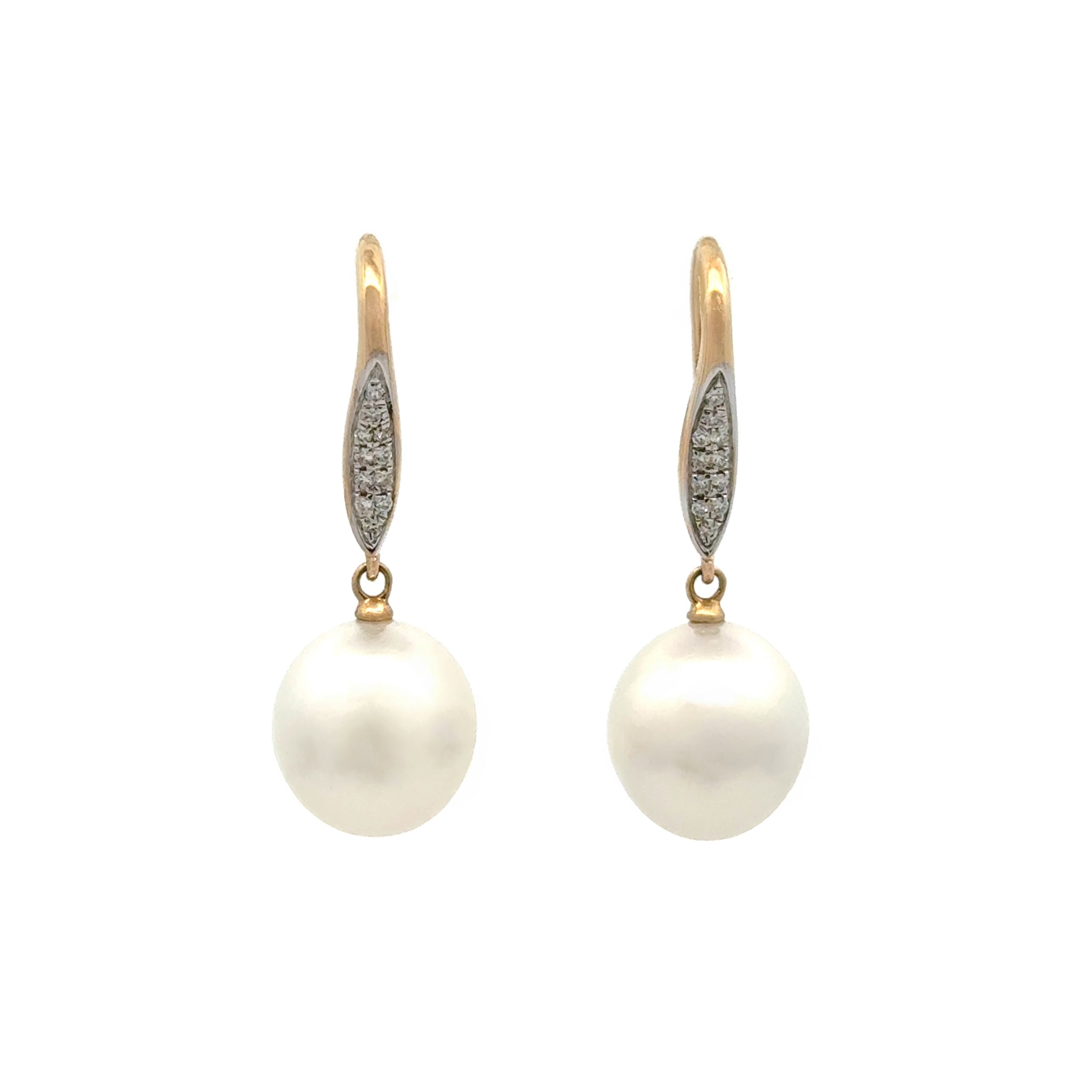 18K Yellow Gold Australian South Sea 10-11mm Cultured Pearl and Diamond Hook Earrings