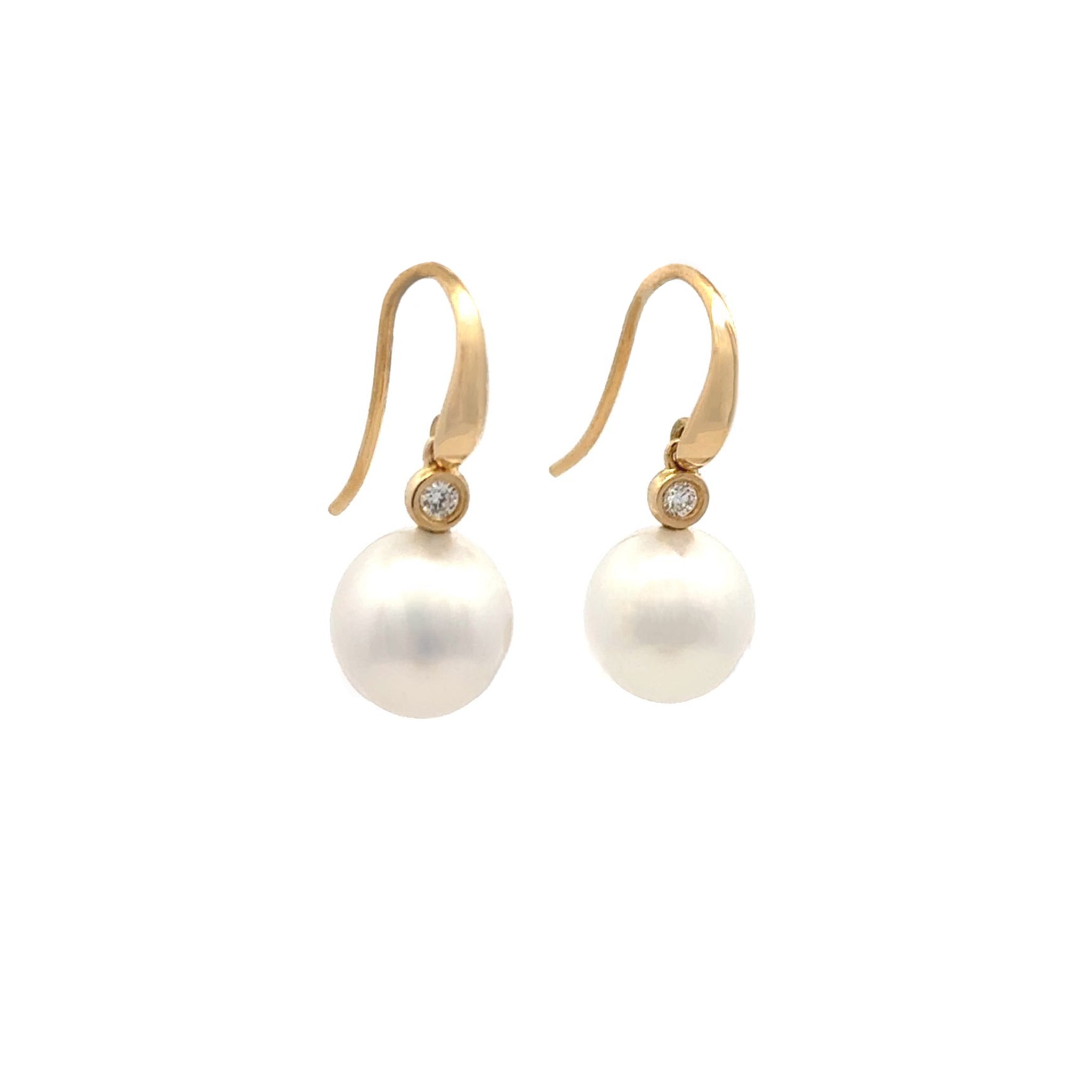 18K Yellow Gold Australian South Sea 10-11mm Cultured Pearl and Diamond Hook Earrings