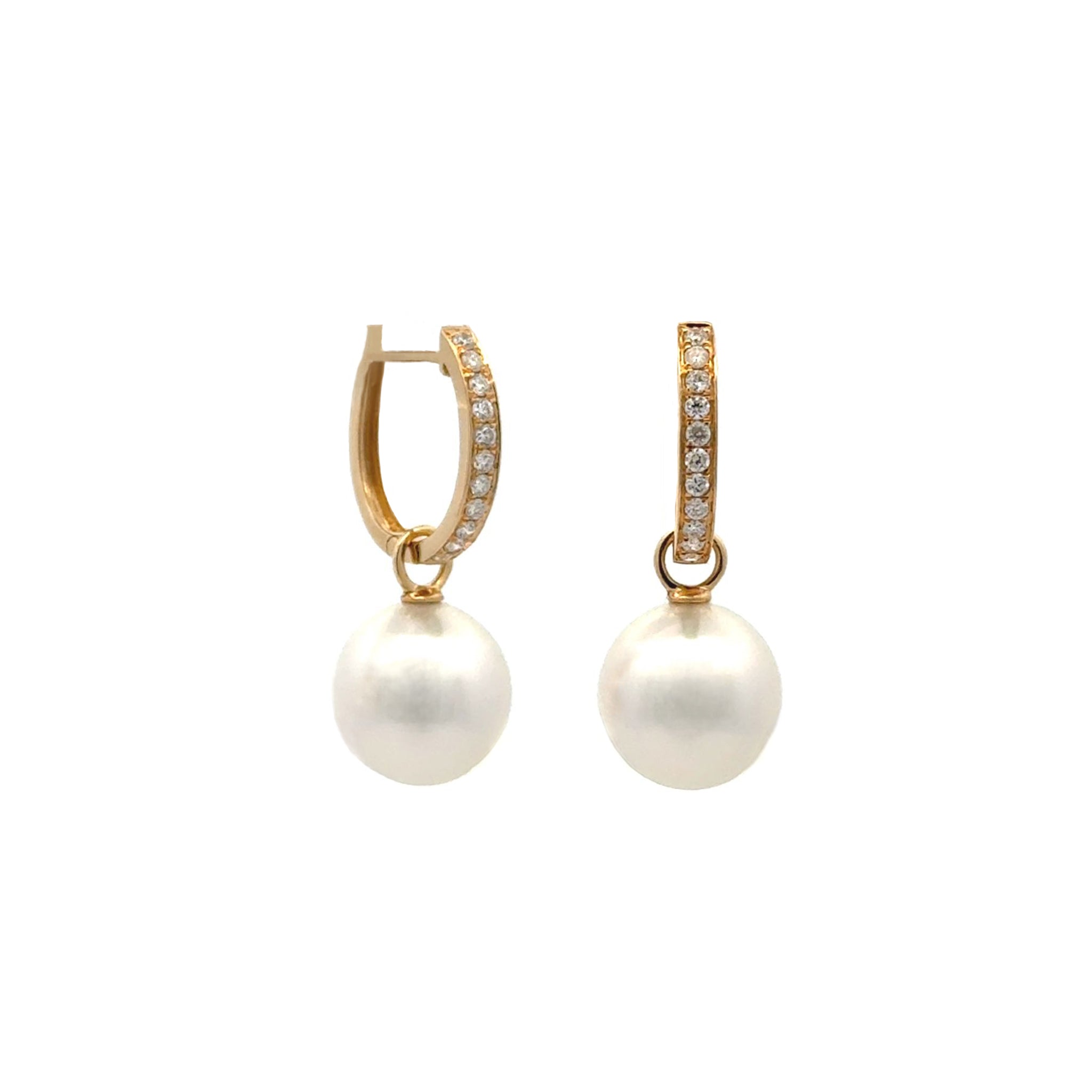 18K Yellow Gold Australian South Sea 10-11mm Cultured Pearl and Diamond Huggie Earrings