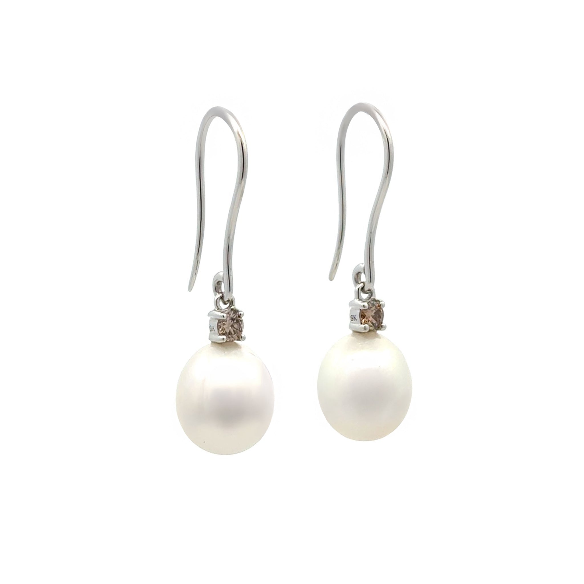 9K White Gold Australian South Sea 10-11mm Cultured Pearl and Argyle Diamond Hook Earrings