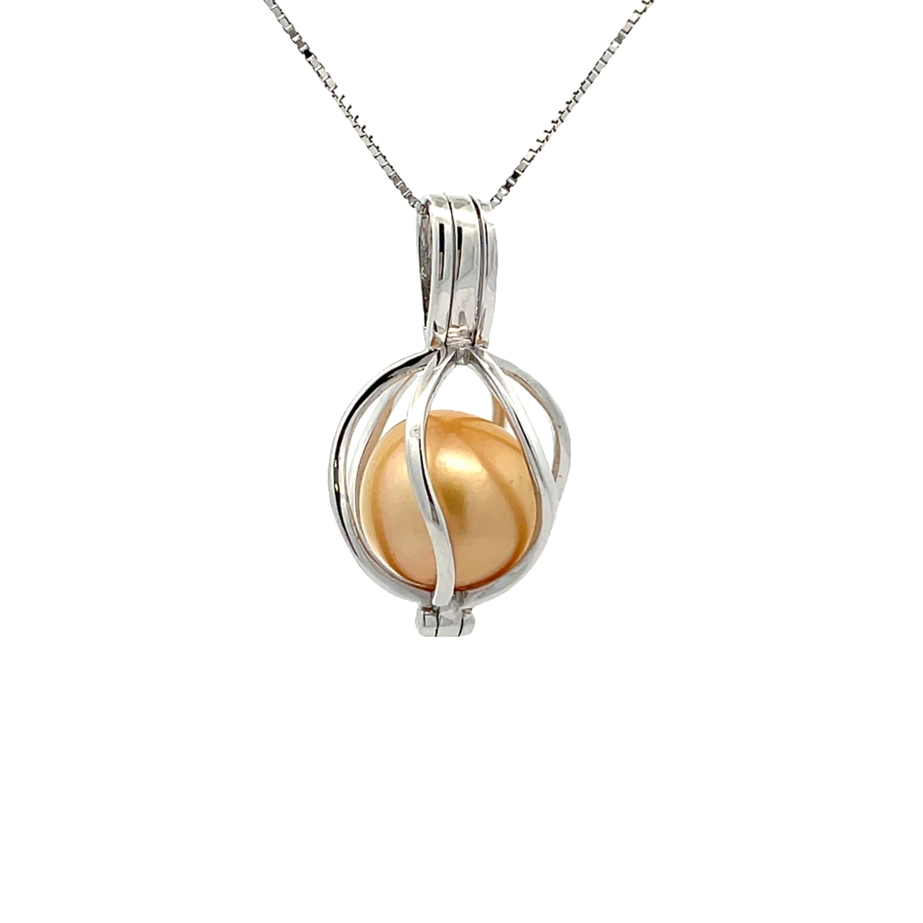 Sterling Silver South Sea Cultured Pearl Curved Cage Pendant