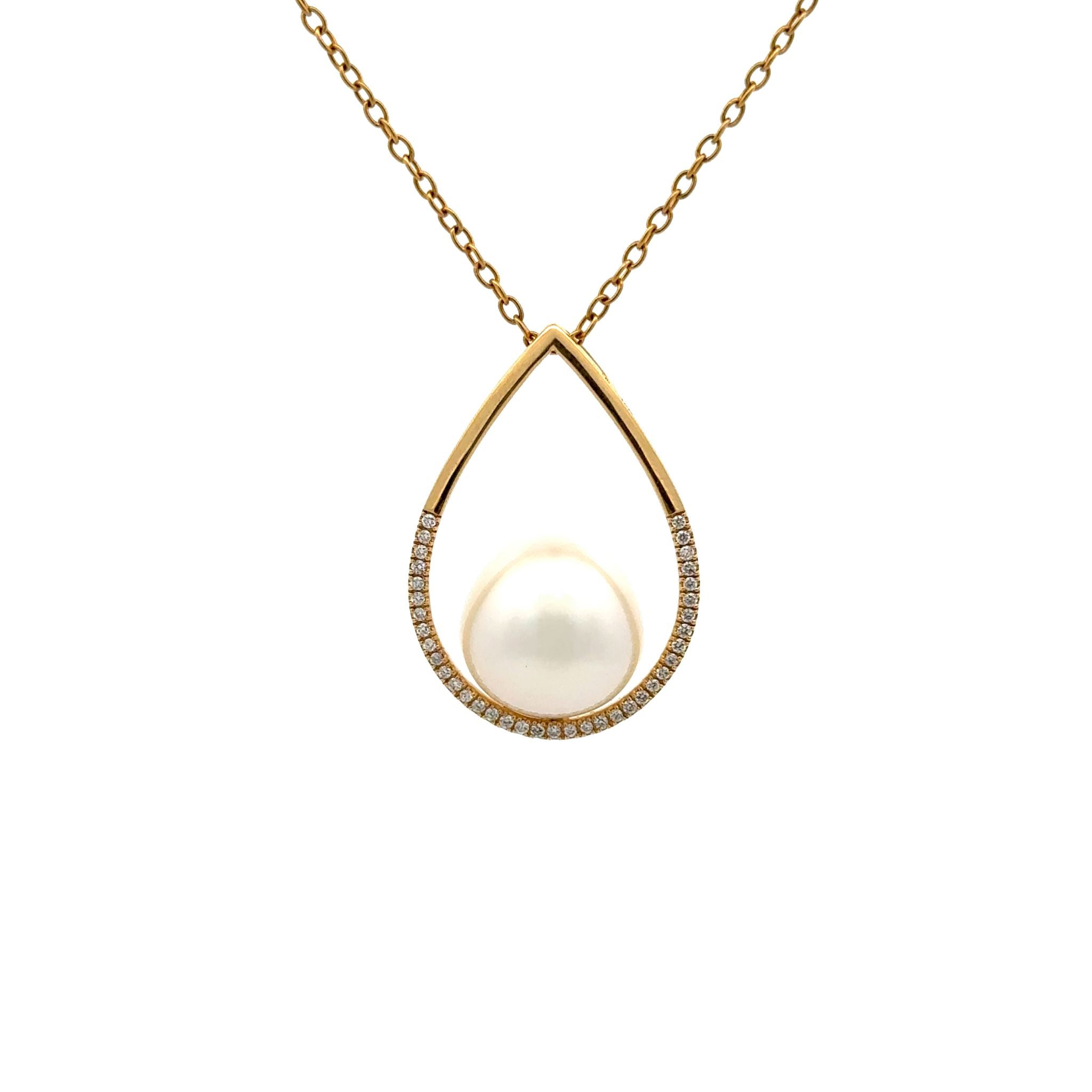 18K Yellow Gold Australian South Sea Cultured 13-14mm Pearl and Diamond Teardrop Pendant