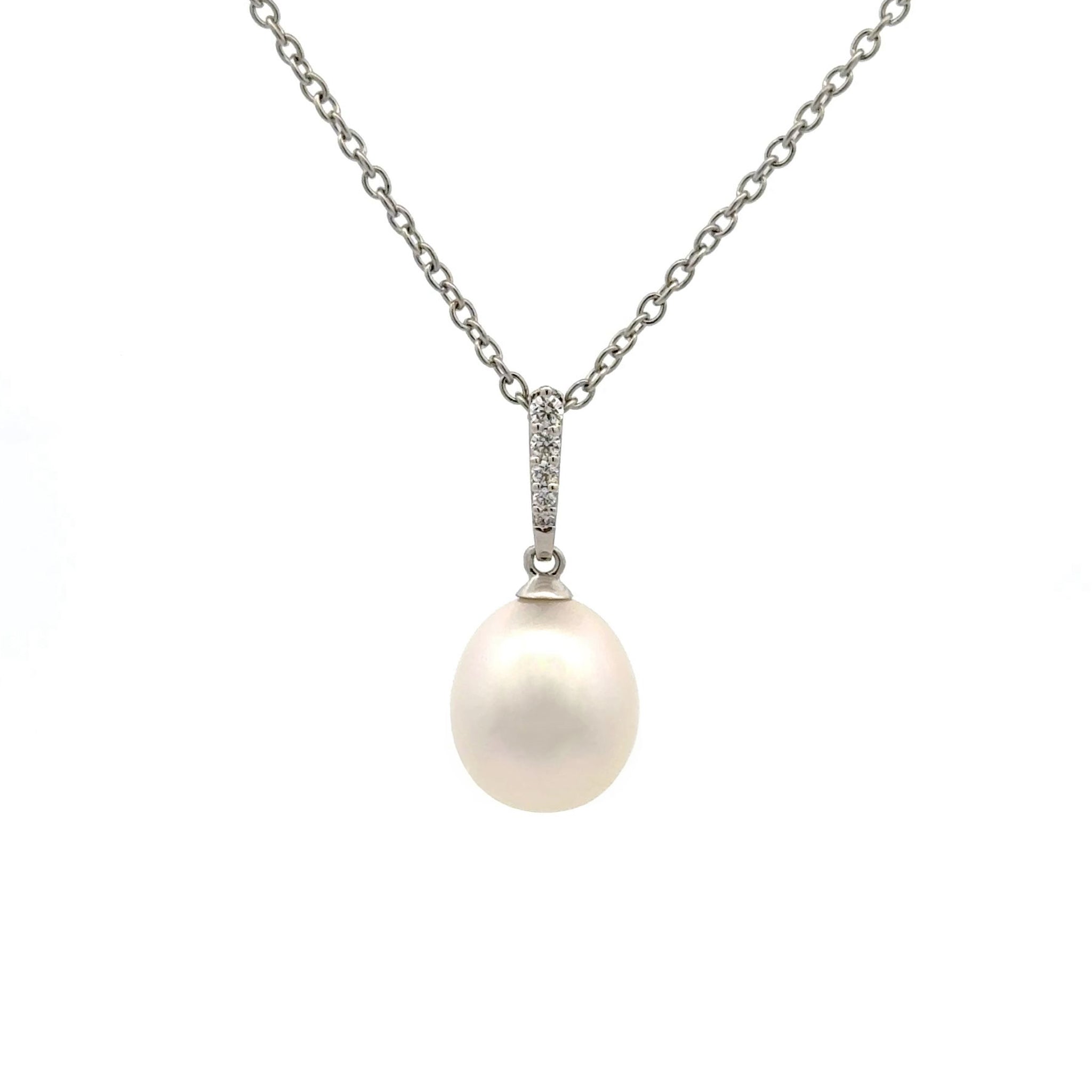 18K White Gold Australian South Sea Cultured 11-12mm Pearl and Diamond Pendant