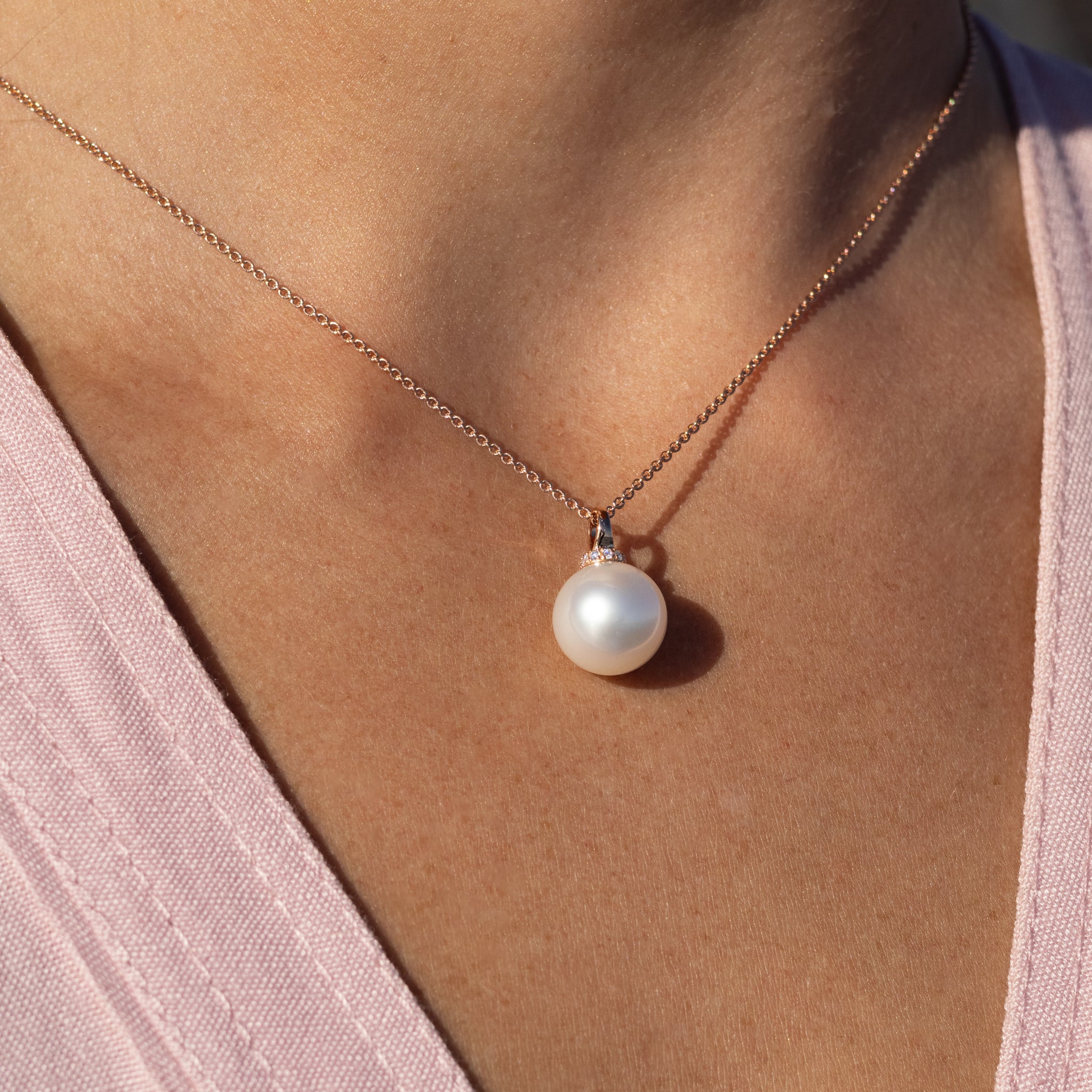 18K Rose Gold Australian South Sea 13-14mm Cultured Pearl and Diamond Pendant