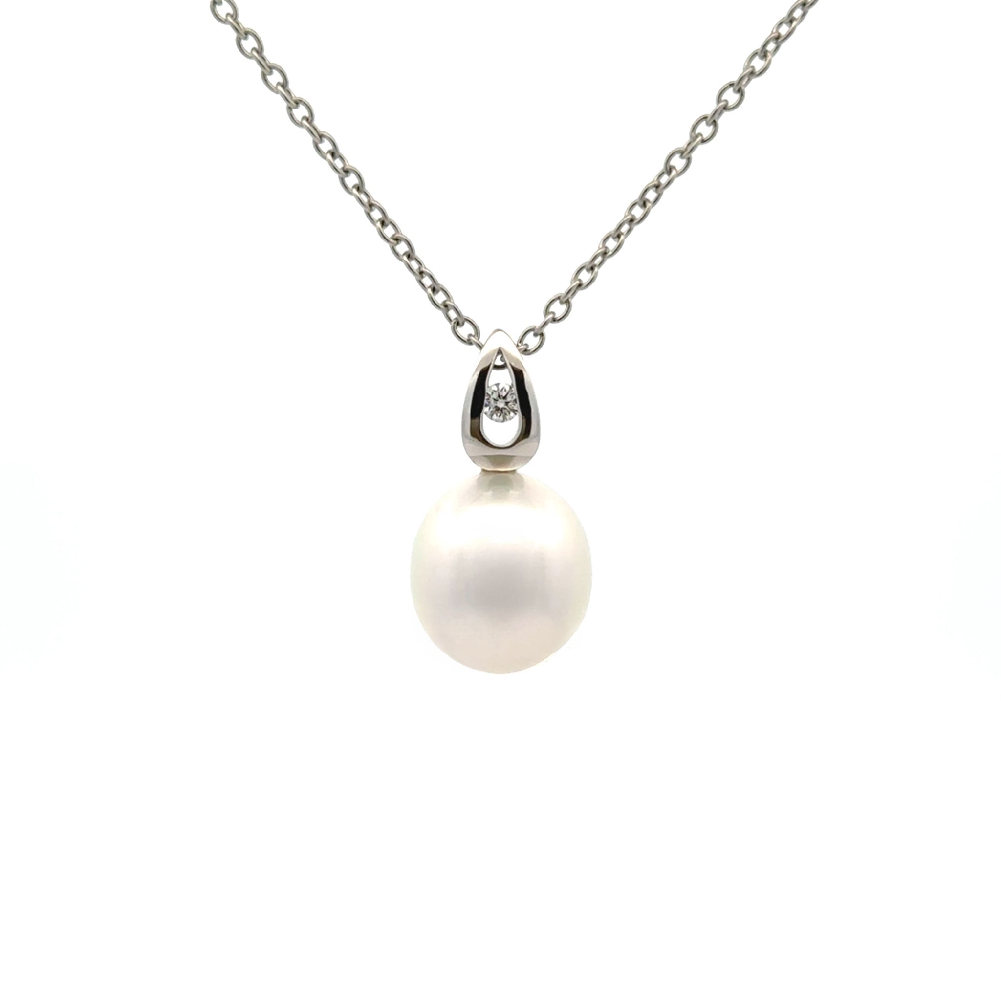 18K White Gold Australian South Sea 11-12mm Cultured Pearl and Diamond Pendant