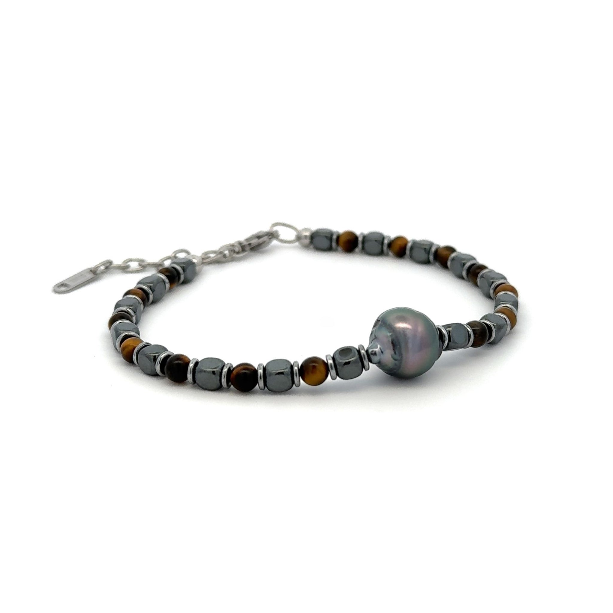 Tahitian Pearl and Silver/Black/Yellow Tiger Eye Natural Stone Bracelet