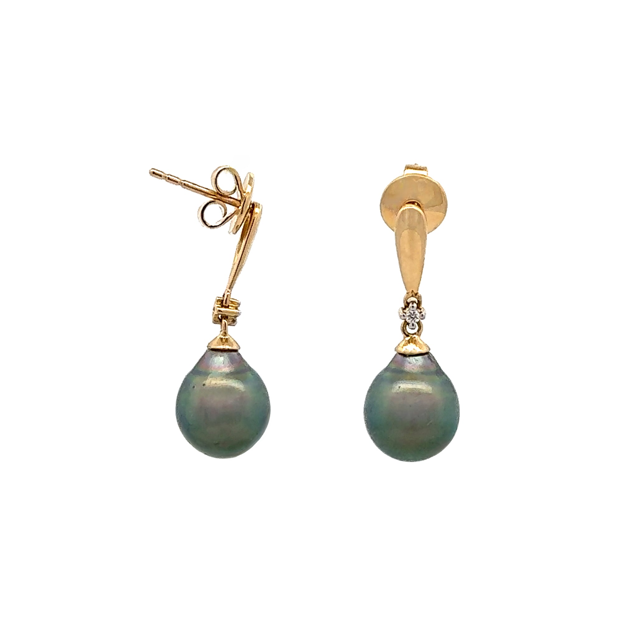 18K Yellow Gold Tahitian Cultured 8-9mm Pearl and Diamond Drop Earrings