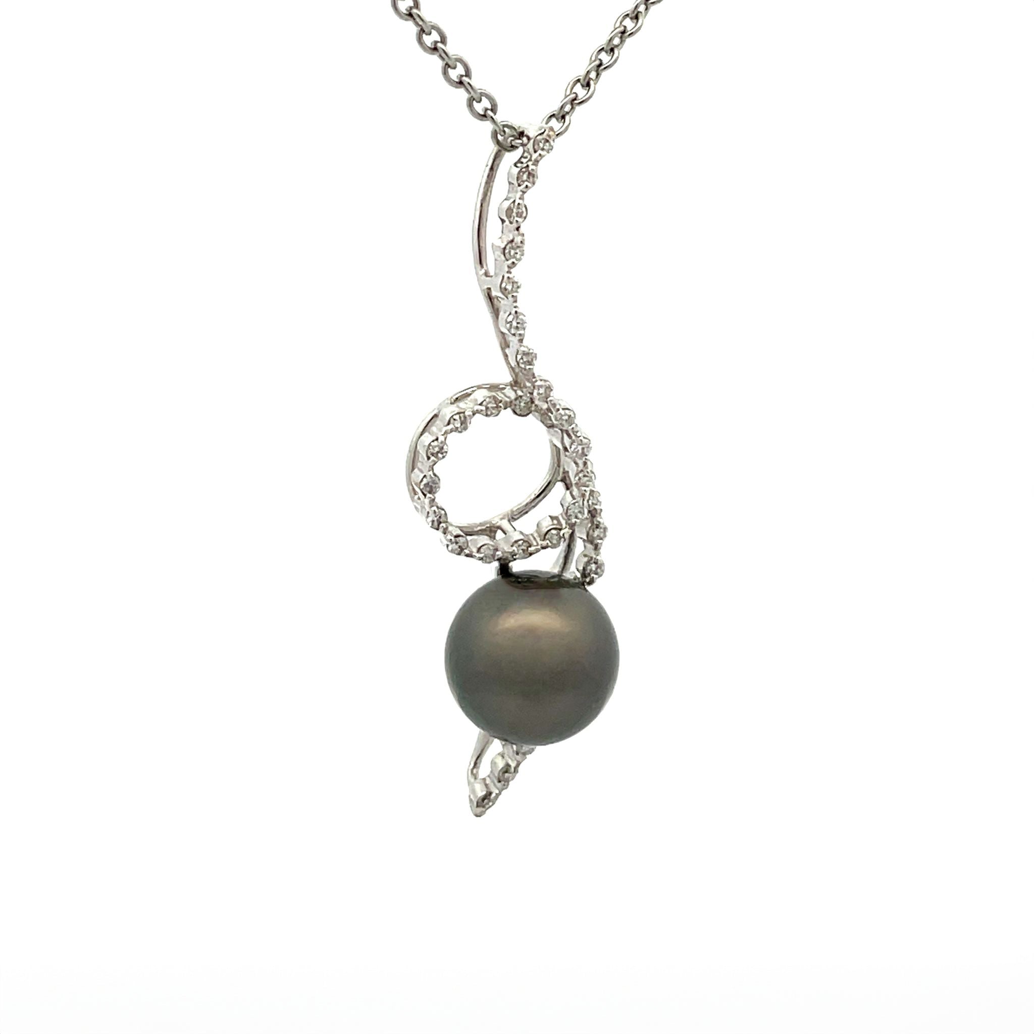 18K White Gold Tahitian 9-10 mm Cultured Pearl and Diamond Pendant