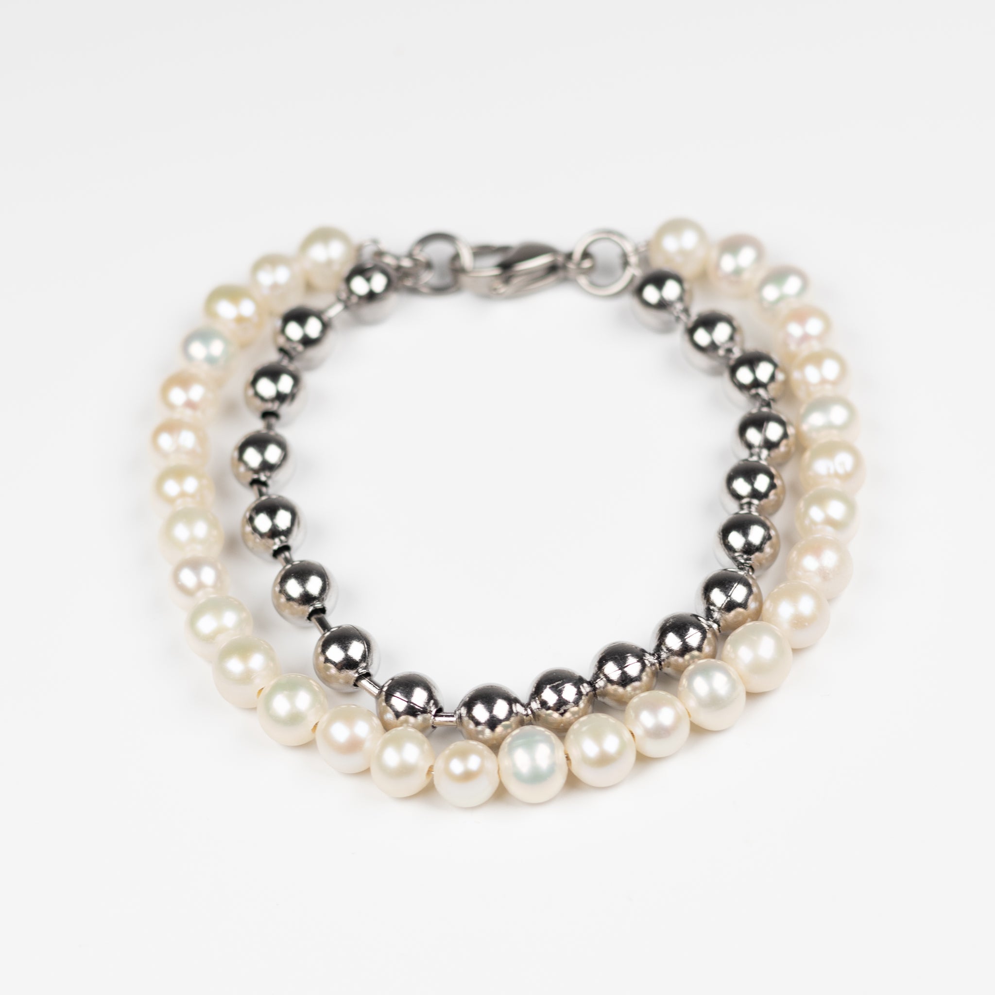 Stainless Steel and White Freshwater Pearl Double Ball Bracelet