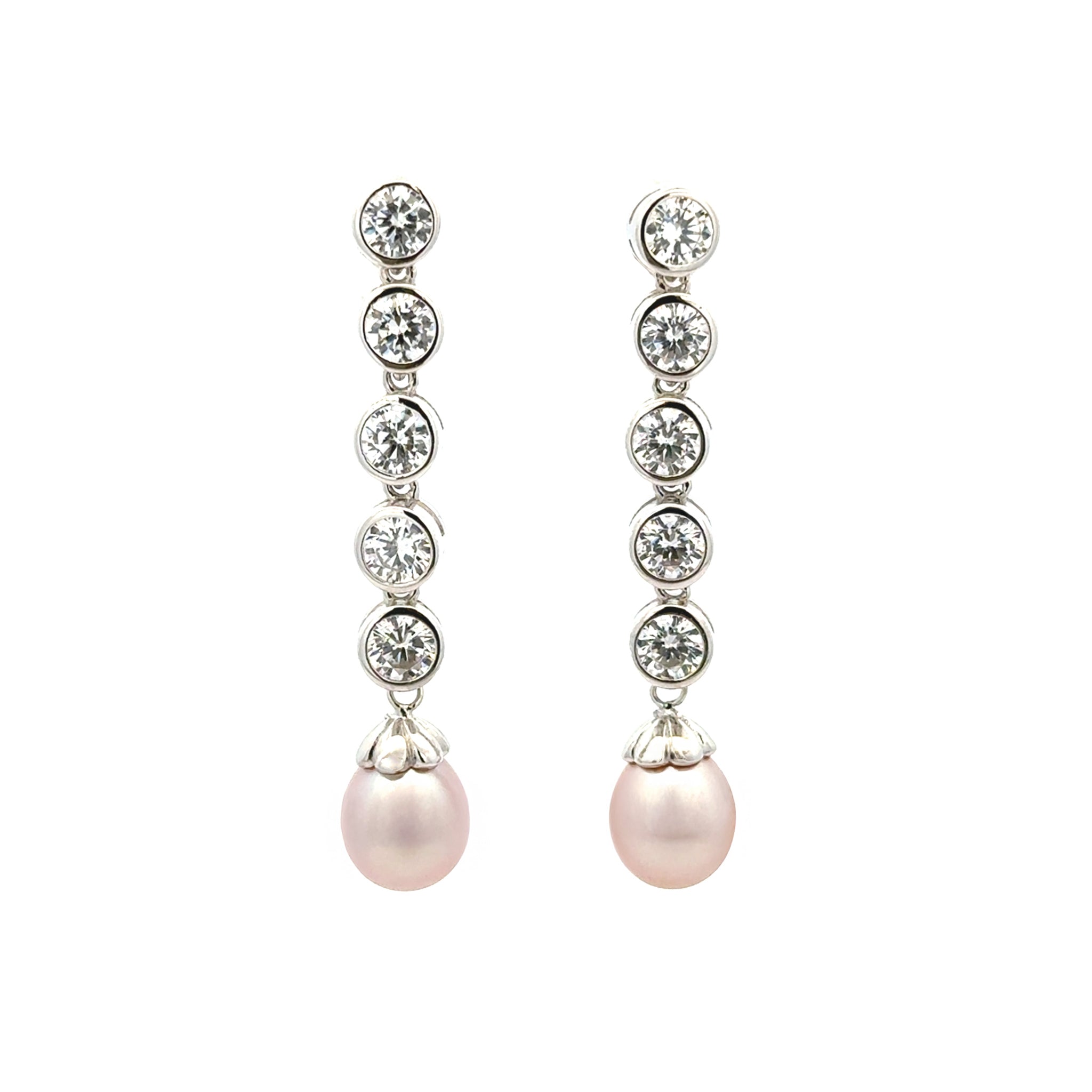 Sterling Silver Pink 8-9mm Freshwater Pearl & Swarovski Crystal Drop Earrings