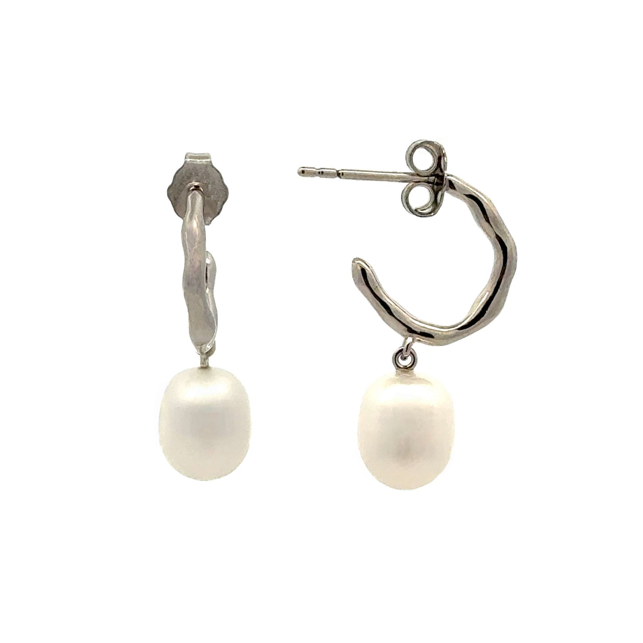 Sterling Silver 7.5-8 mm Rice Shape Freshwater Pearl Rhodium Plated Drop Earrings