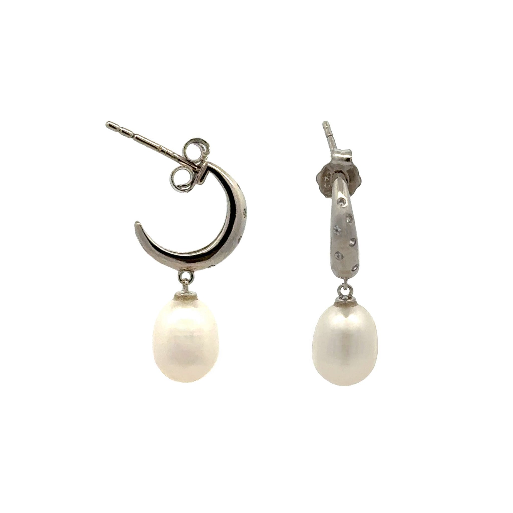 Sterling Silver Freshwater Pearl and Cubic Zirconia Drop Earrings - Rhodium Plated