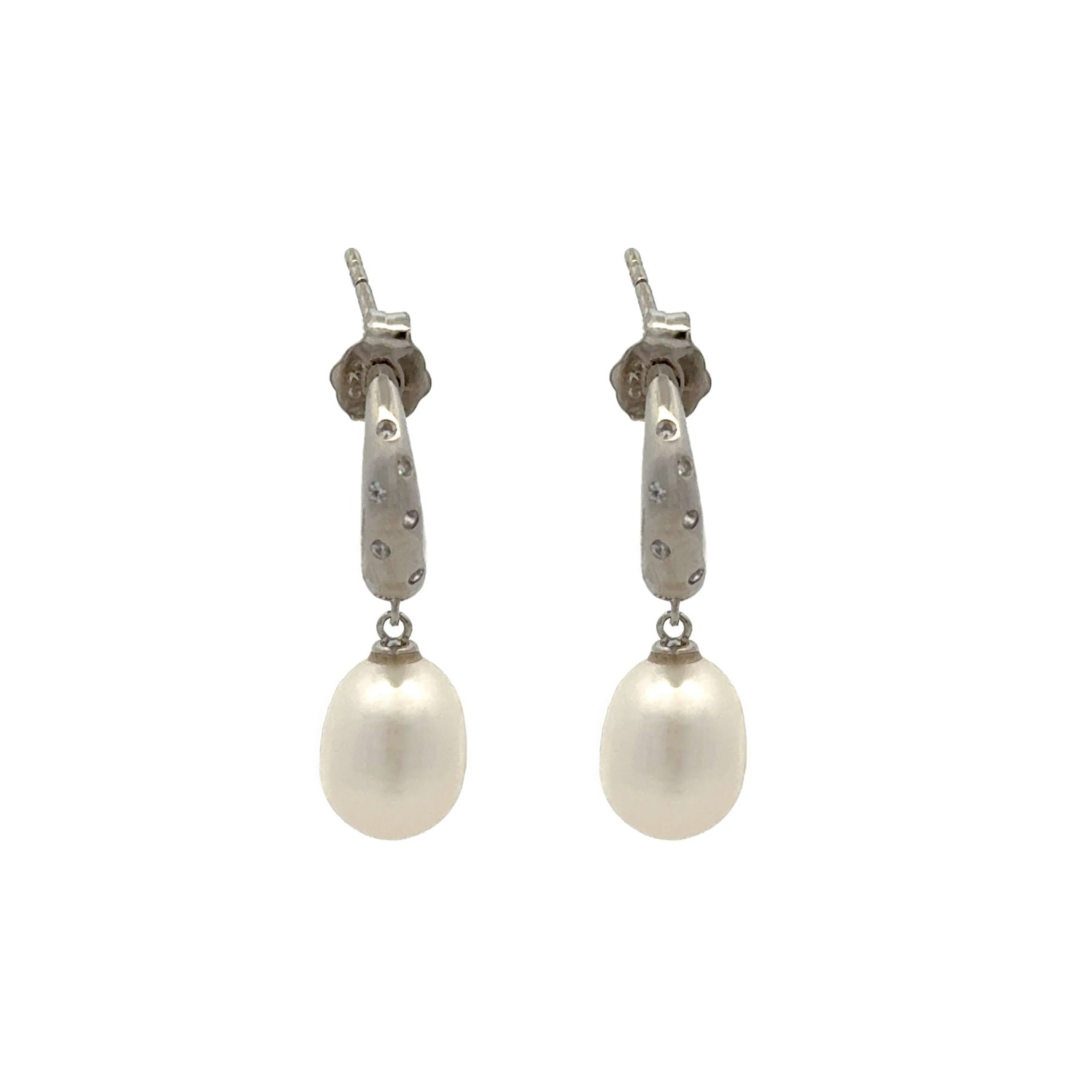 Sterling Silver Freshwater Pearl and Cubic Zirconia Drop Earrings - Rhodium Plated