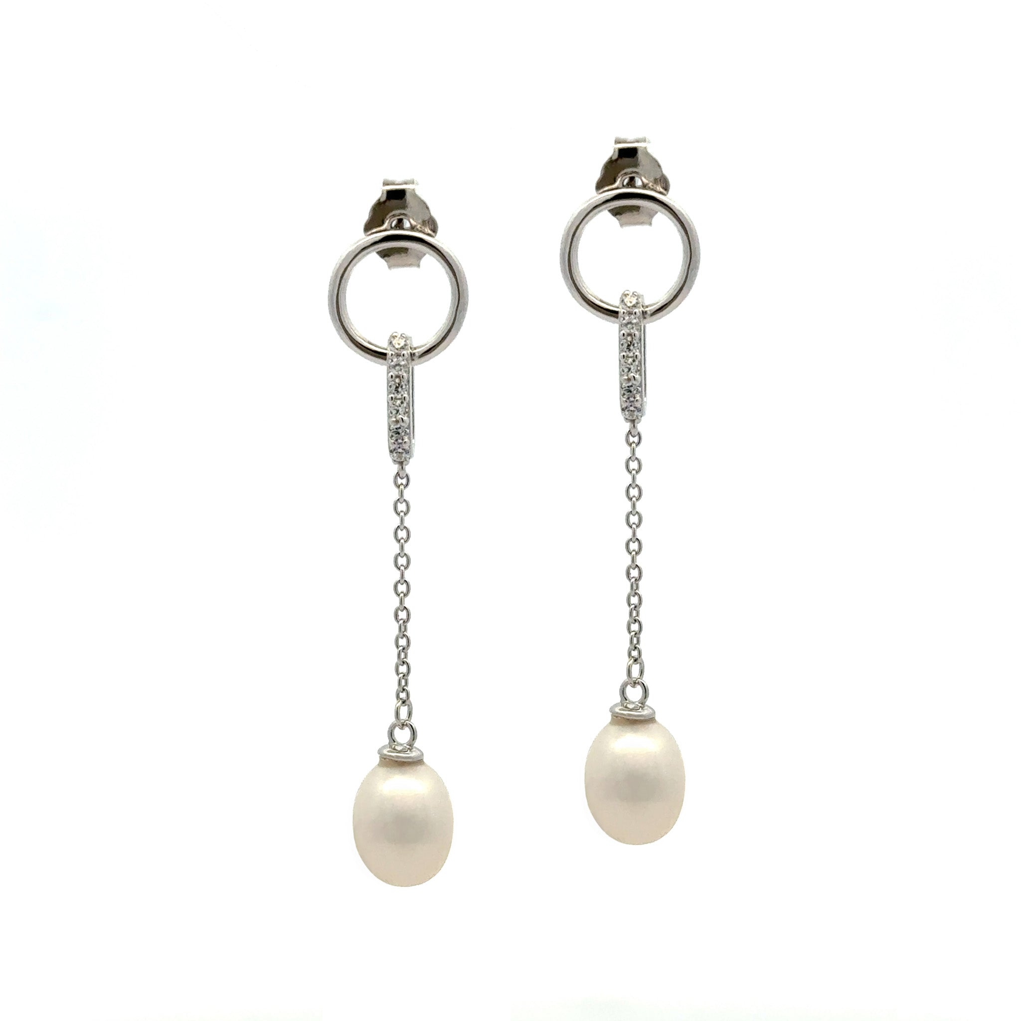 Sterling Silver Freshwater Pearl and Cubic Zirconia Drop Earrings