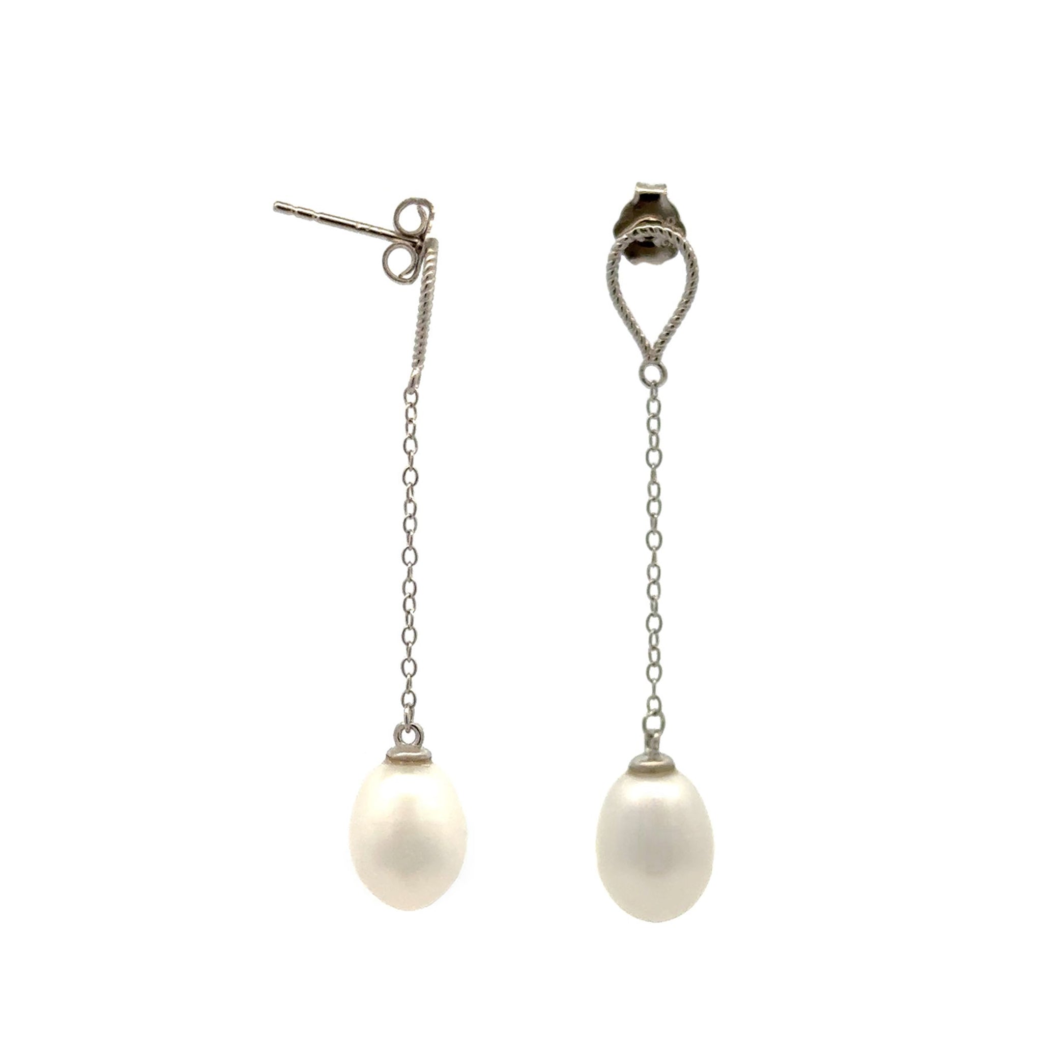 Sterling Silver Freshwater 8-9mm Pearl Drop Earrings - Rhodium Plated.