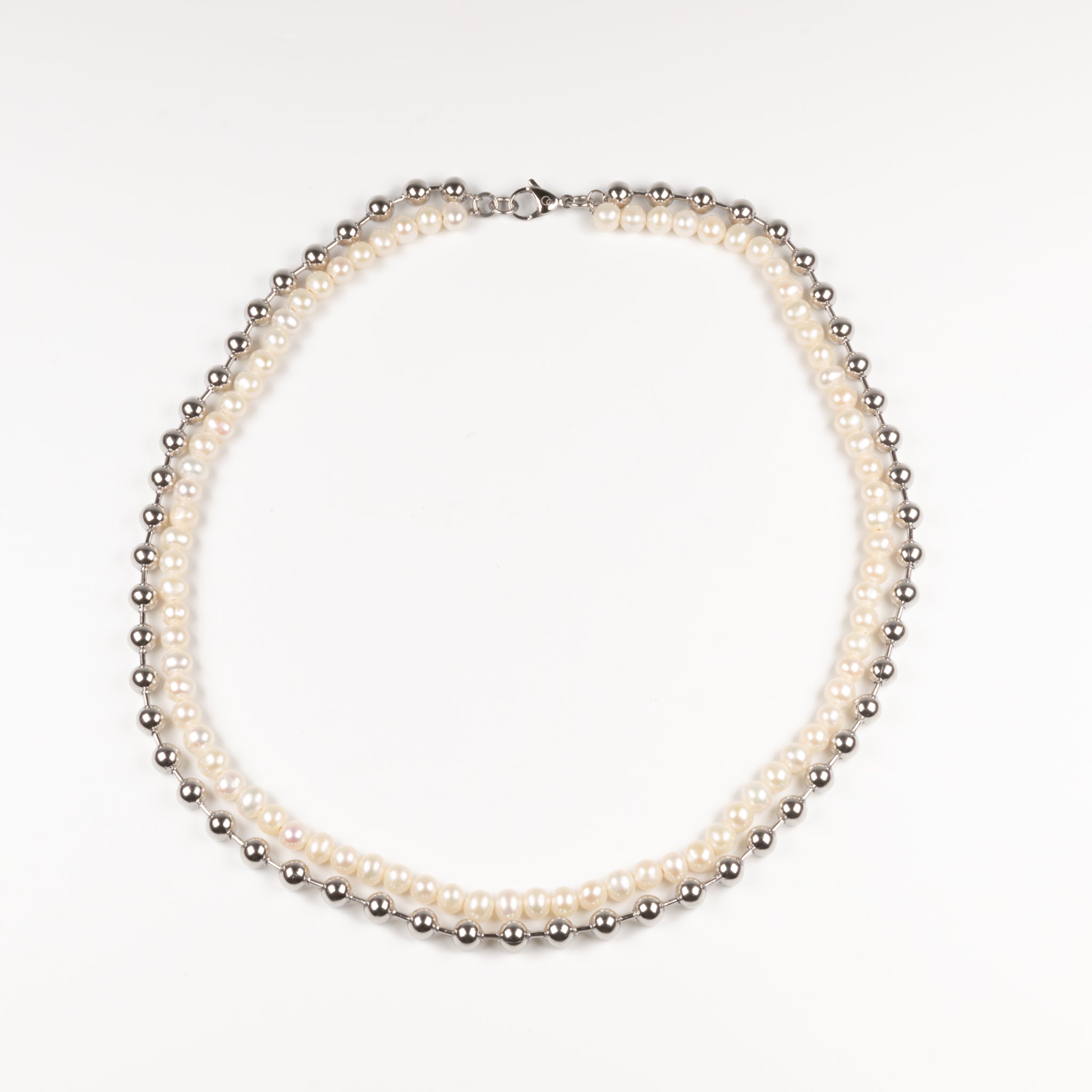 Stainless Steel and White Freshwater Pearl Double Ball Necklace