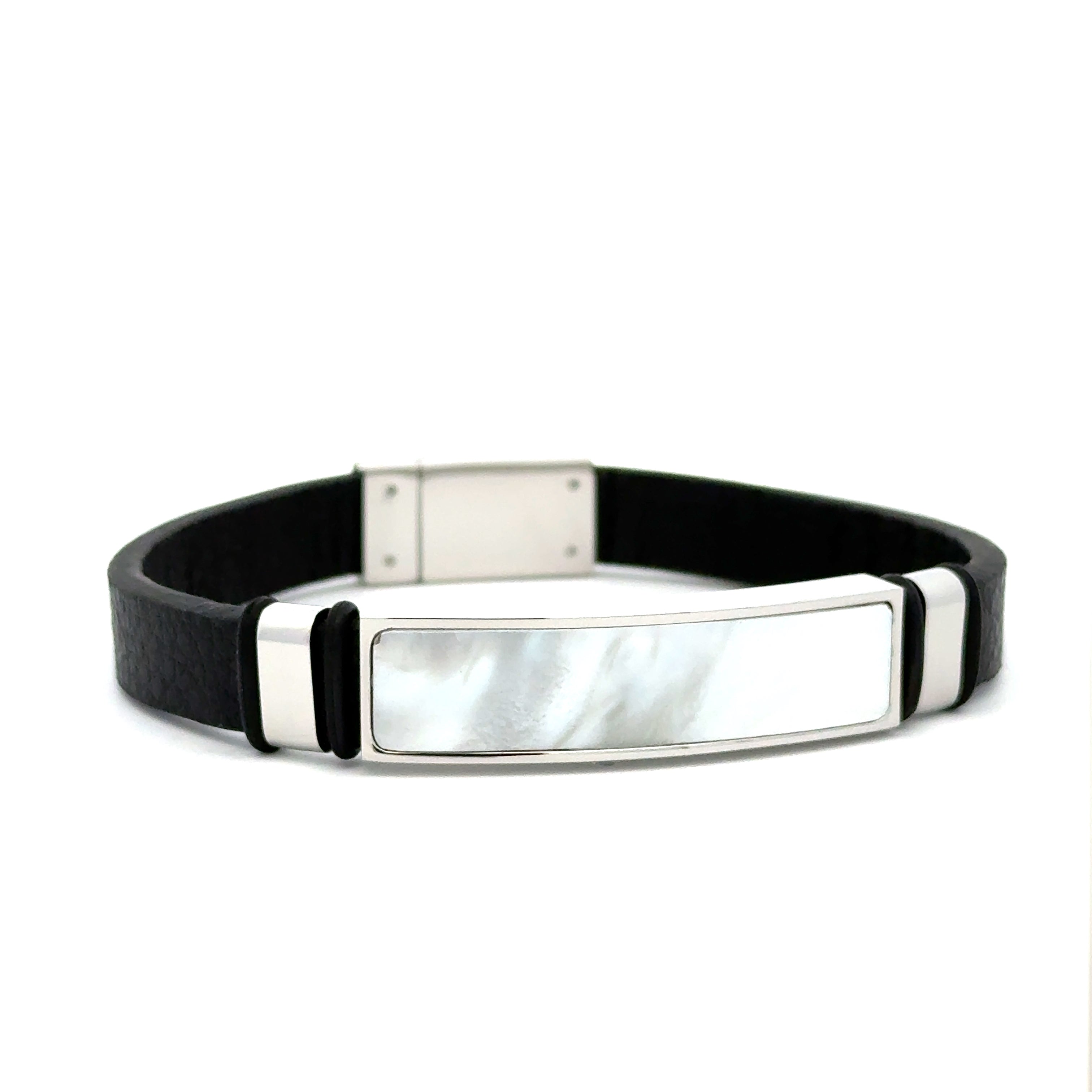 Stainless Steel Textured Leather Bracelet With White Mother Of Pearl