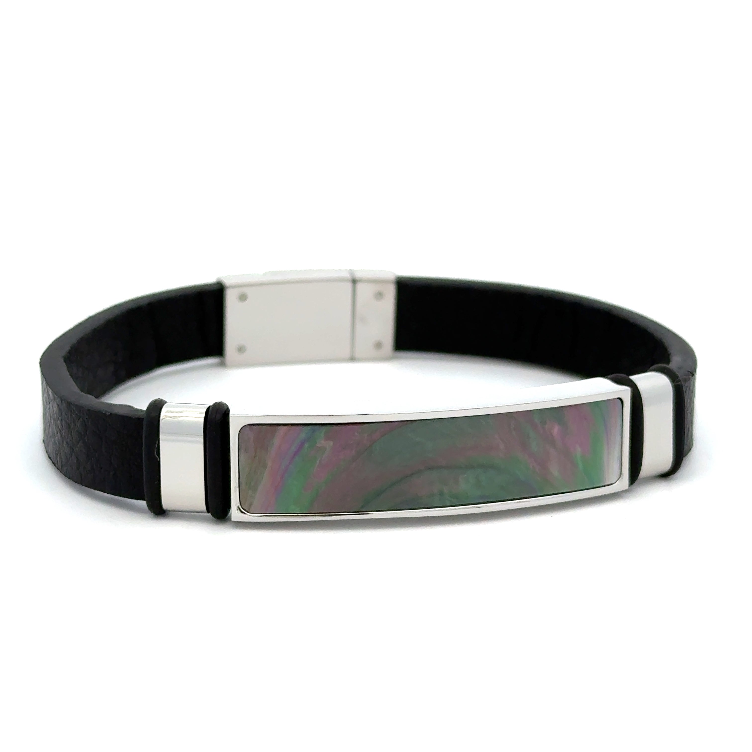 Stainless Steel Textured Leather Bracelet With Black Mother Of Pearl