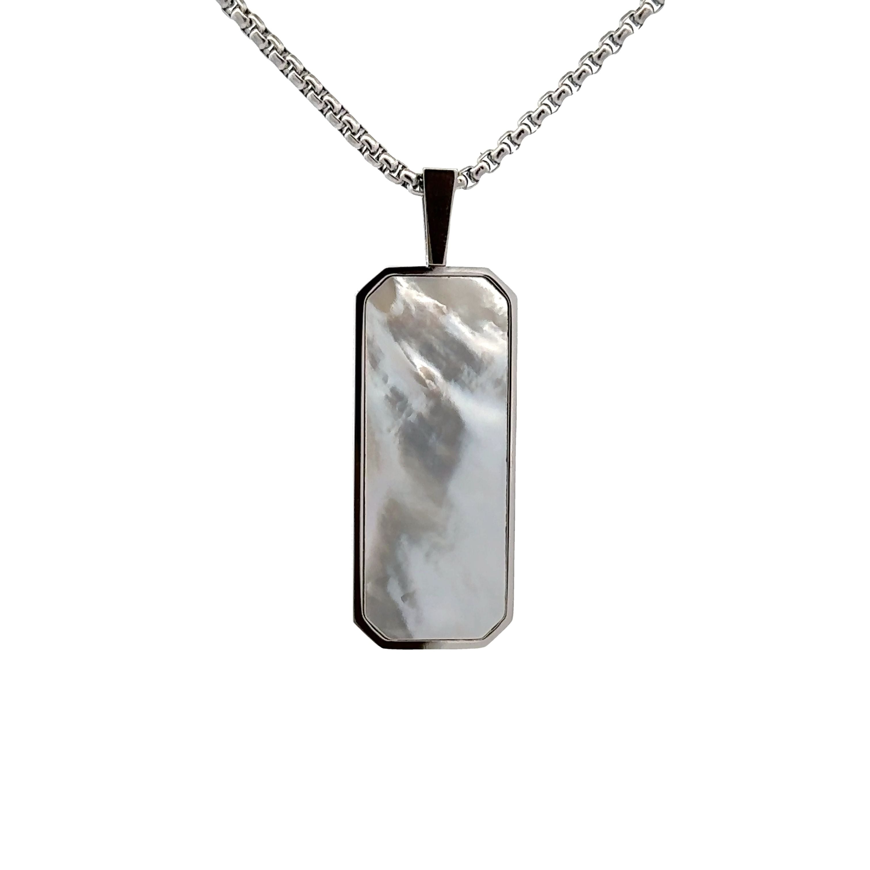 Stainless Steel and White Mother Of Pearl Vertical Tag Necklace