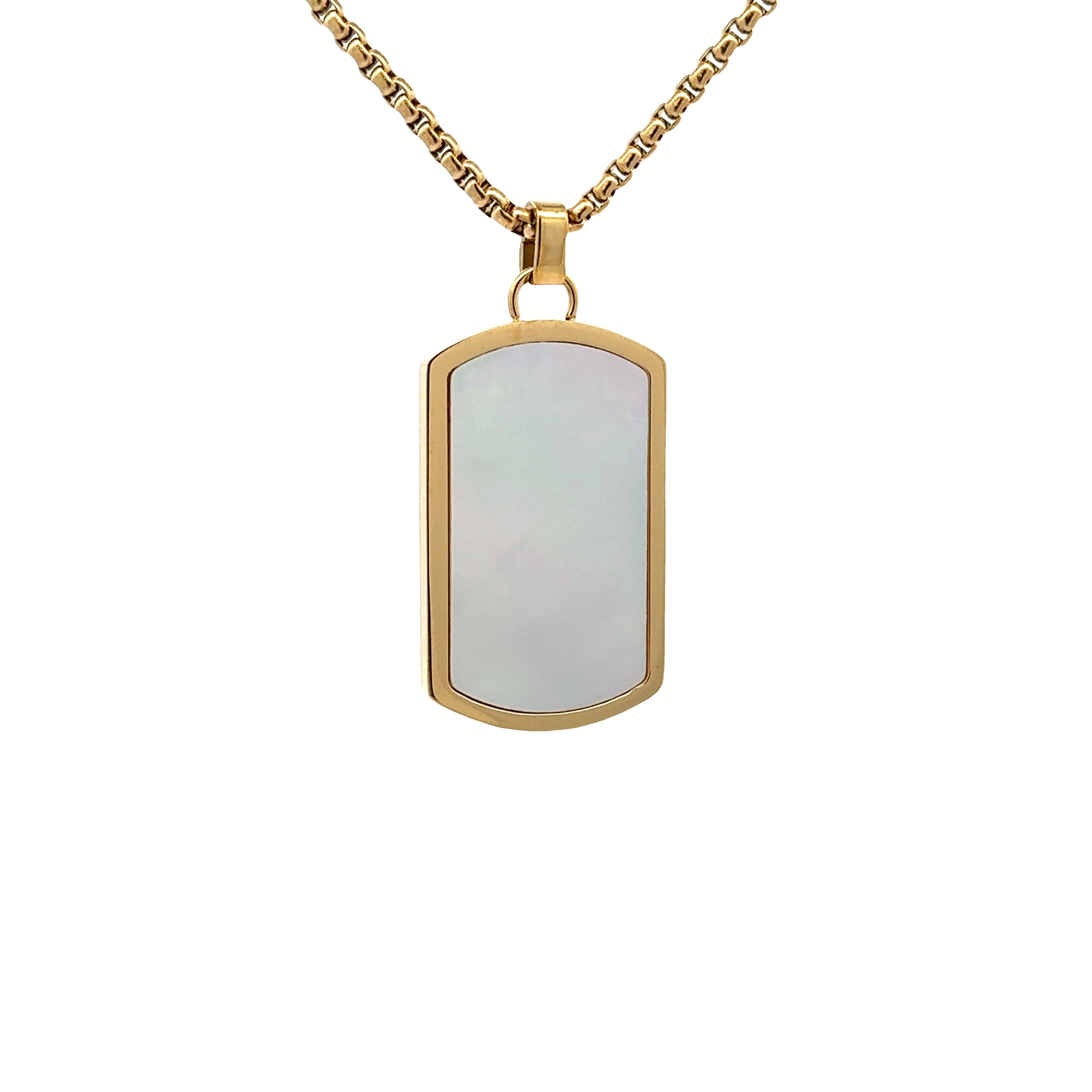 14K Gold Plated Stainless Steel and White Mother Of Pearl Tag Necklace