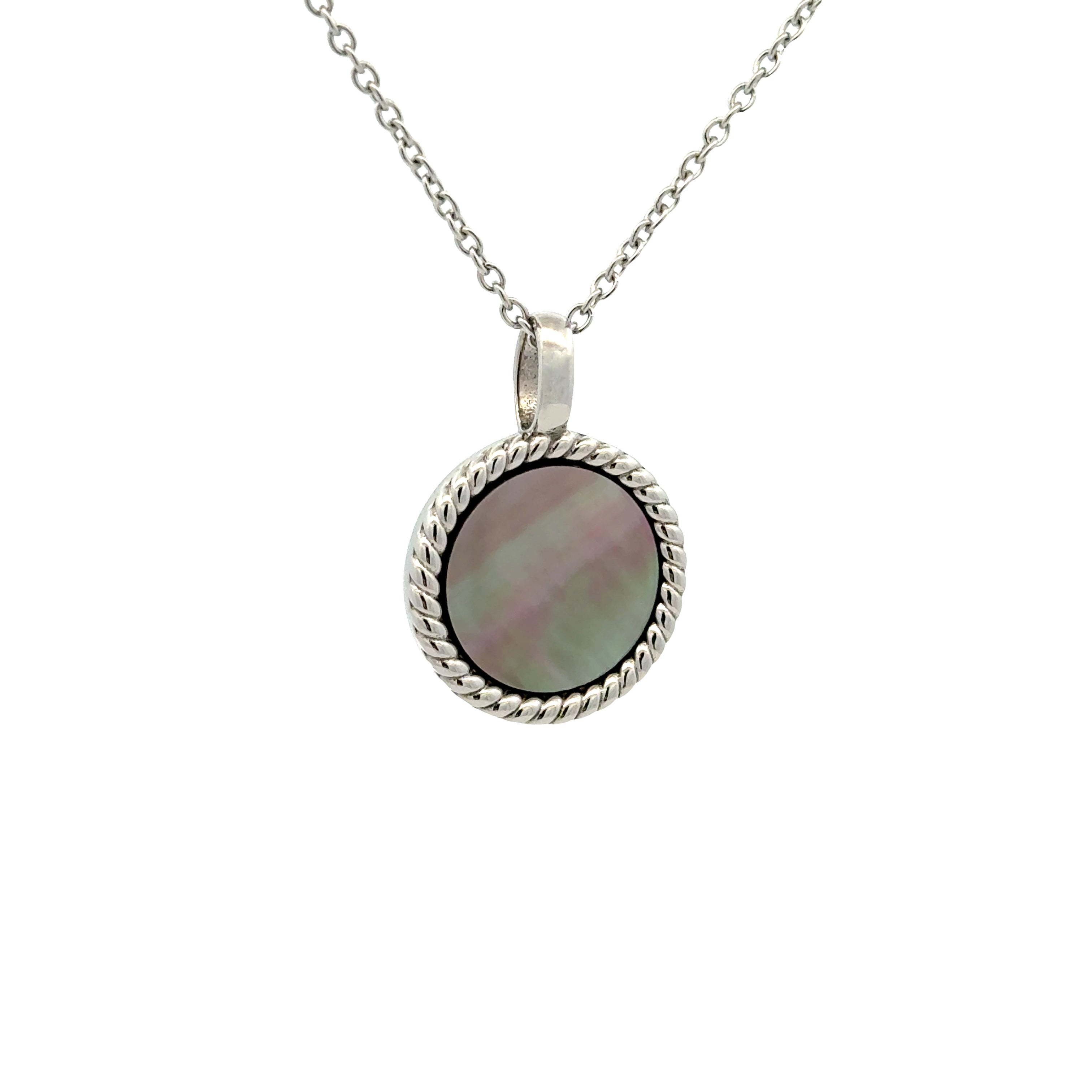 Stainless Steel Black Mother of Pearl Antique Style Disc Necklace