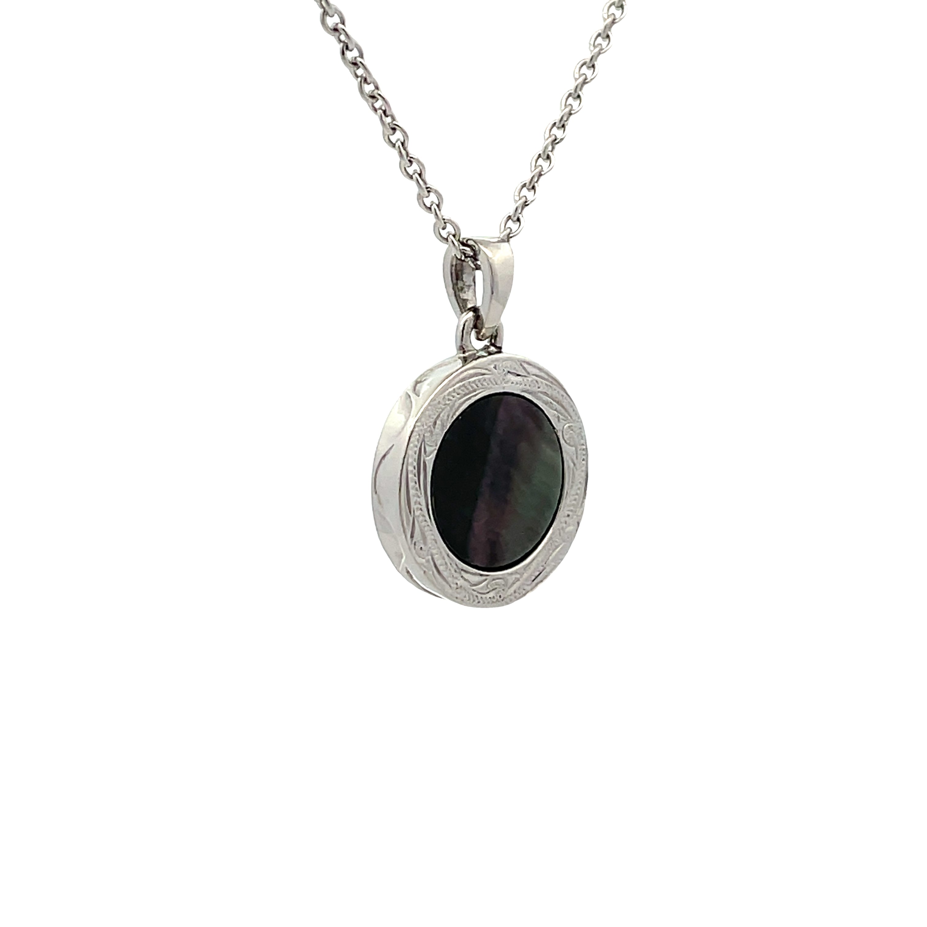 Stainless Steel Black Mother Of Pearl Delicate Disc Necklace