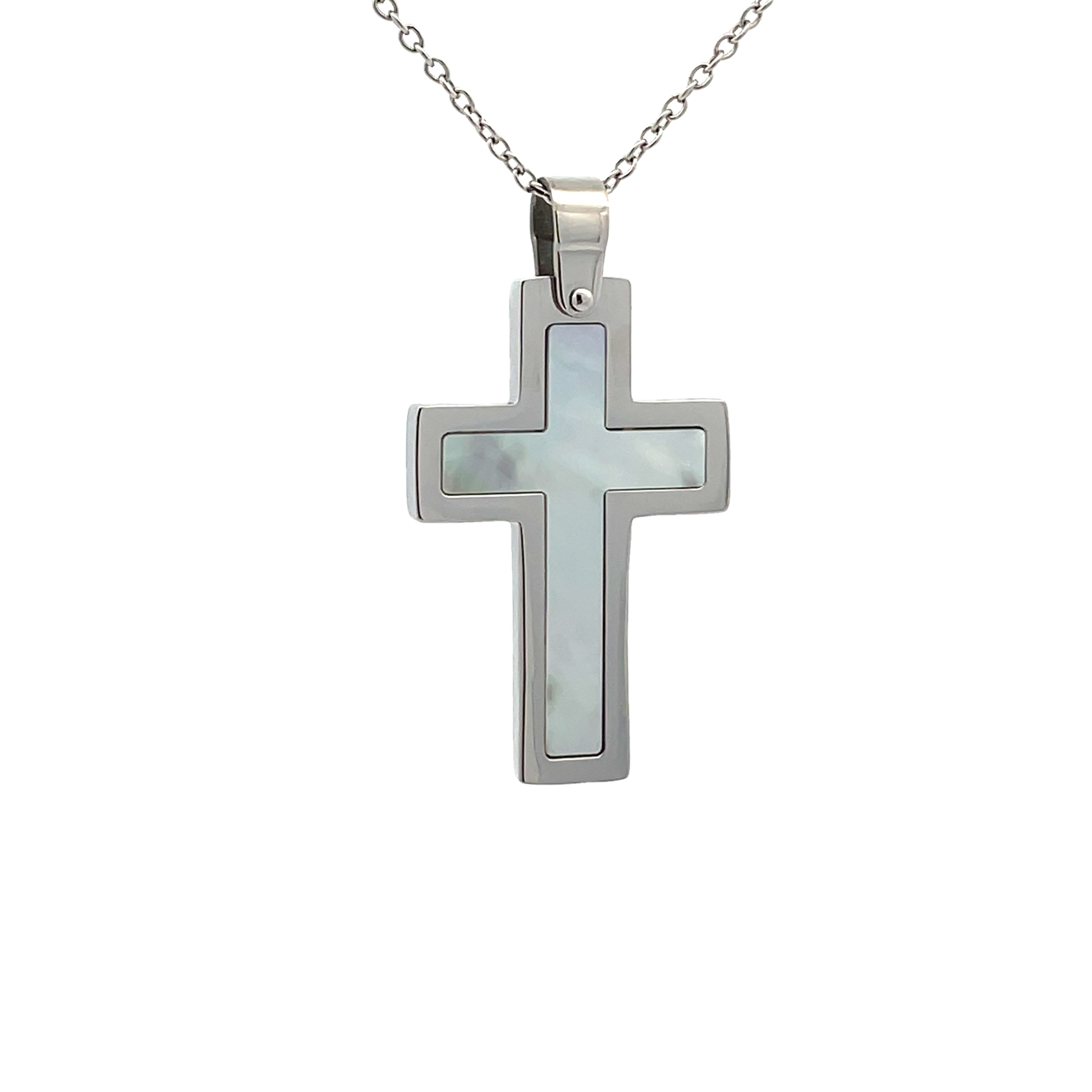 Stainless Steel White Mother Of Pearl Cross Pendant