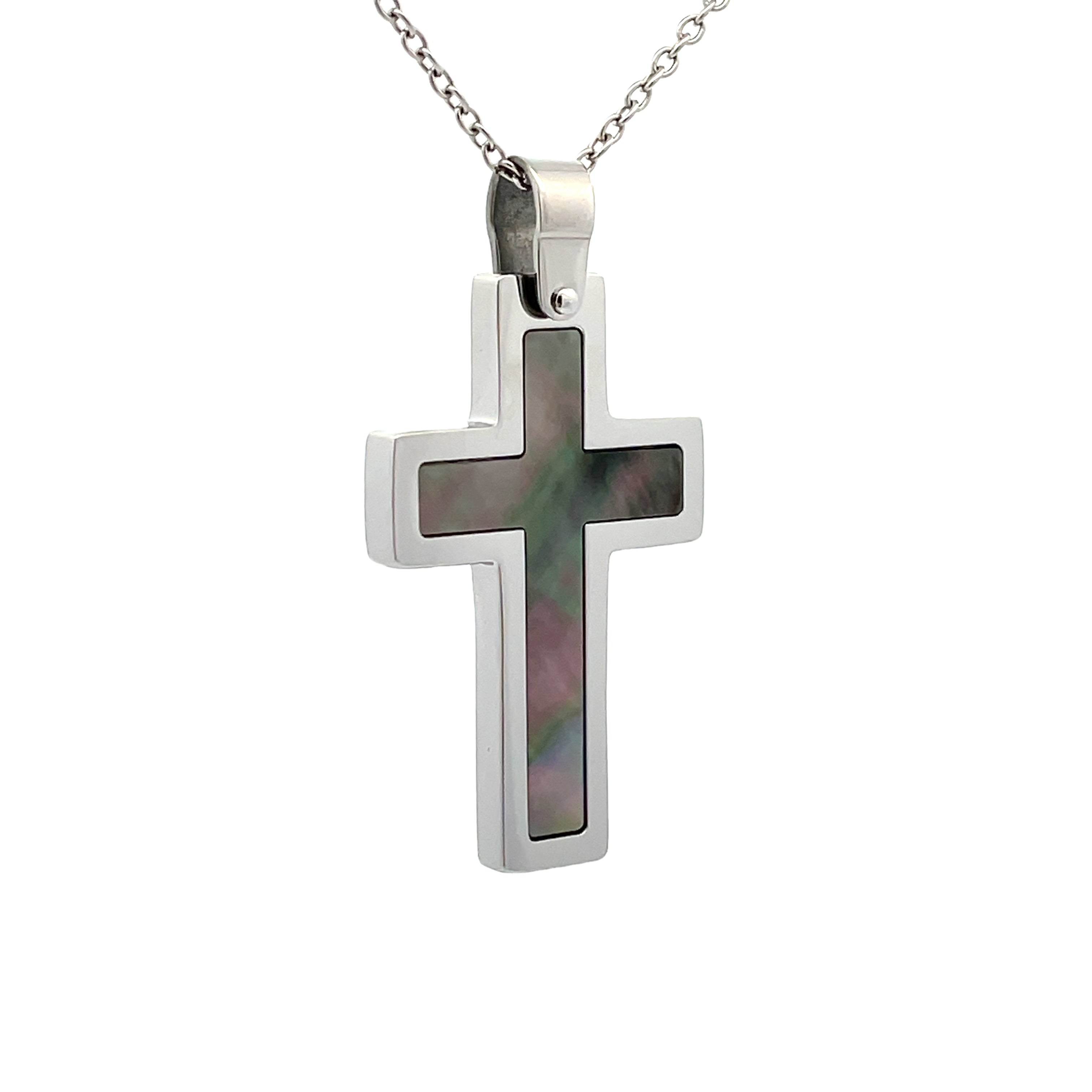 Stainless Steel Black Mother Of Pearl Cross Pendant