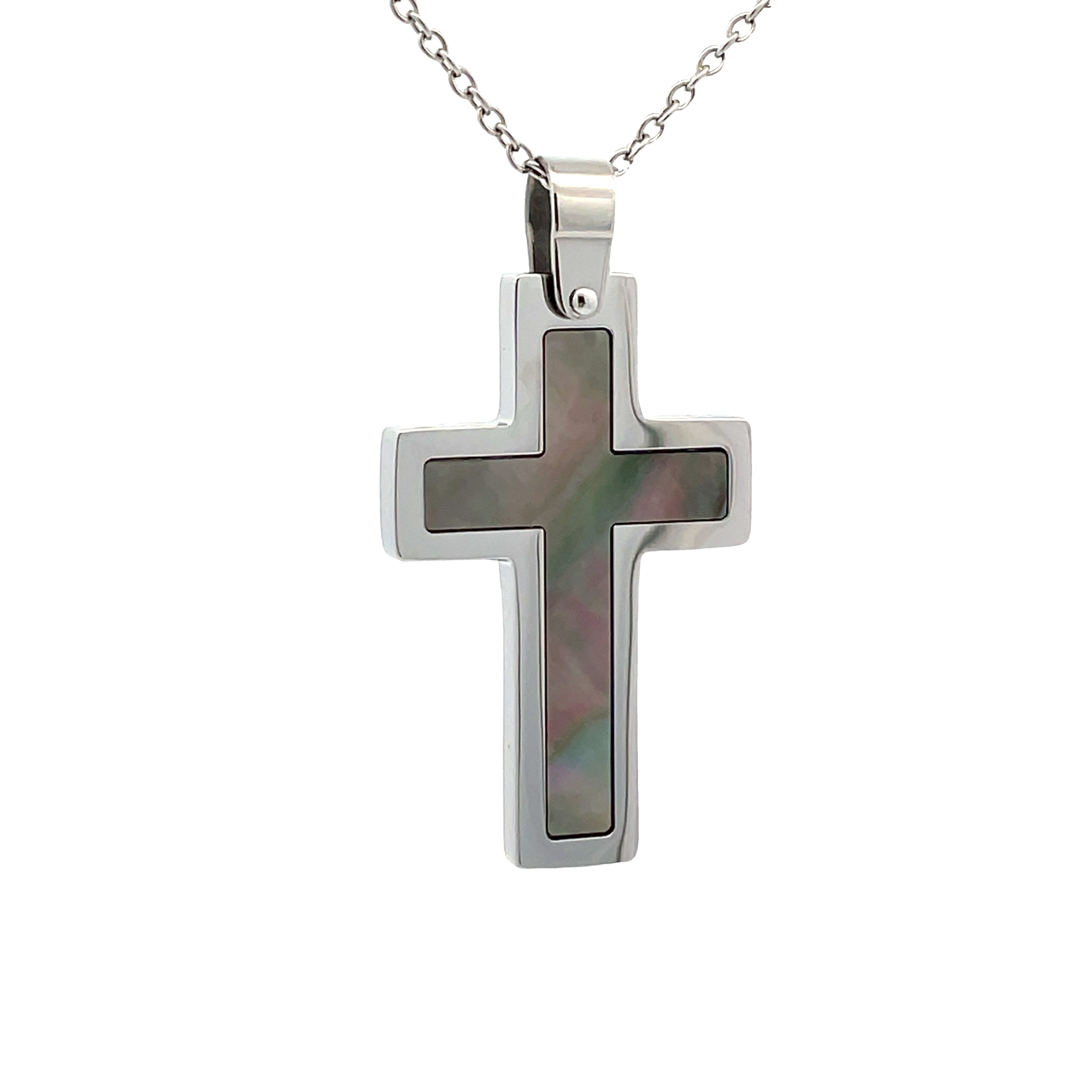 Stainless Steel Black Mother Of Pearl Cross Pendant