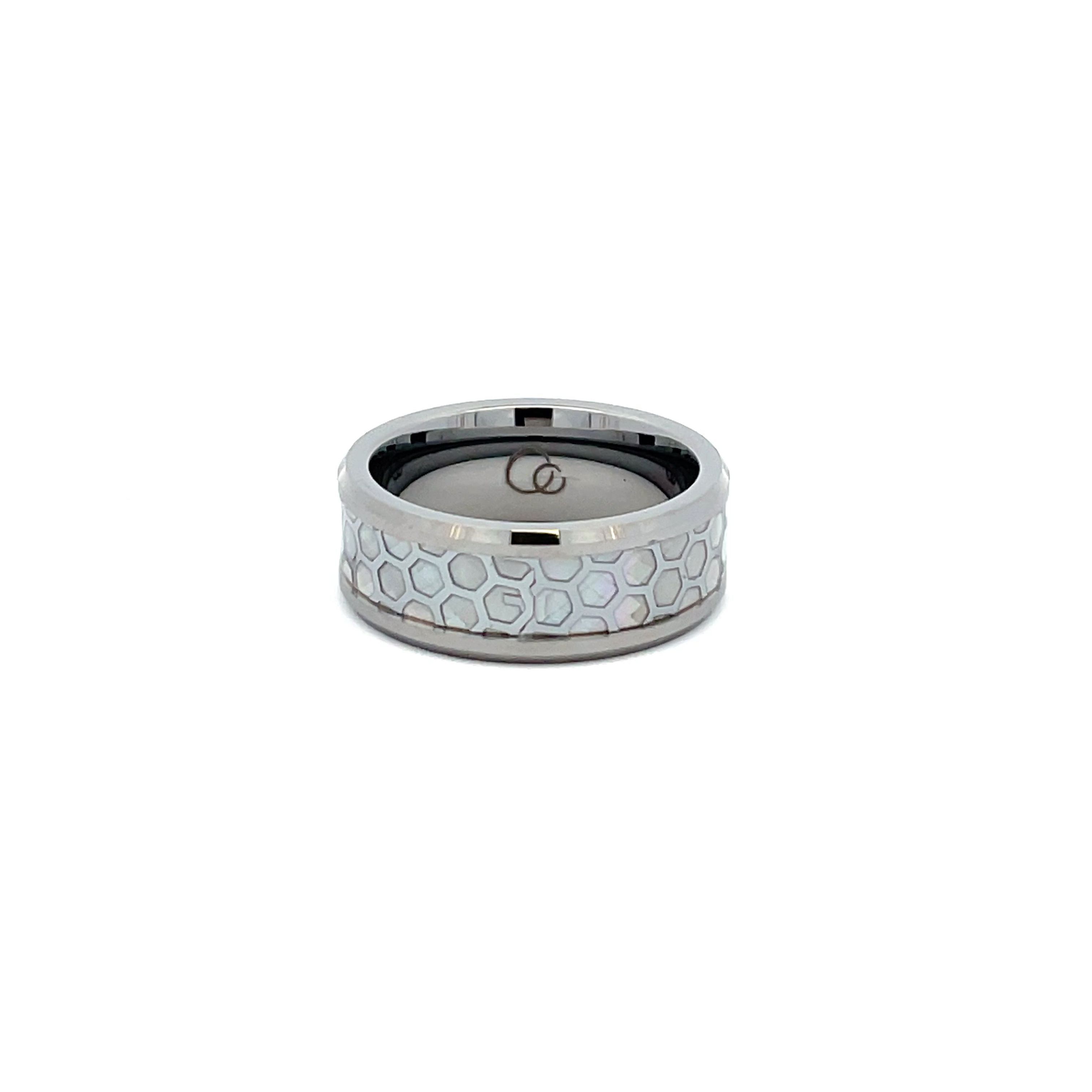 Tungsten Ring With Patterned White Mother Of Pearl