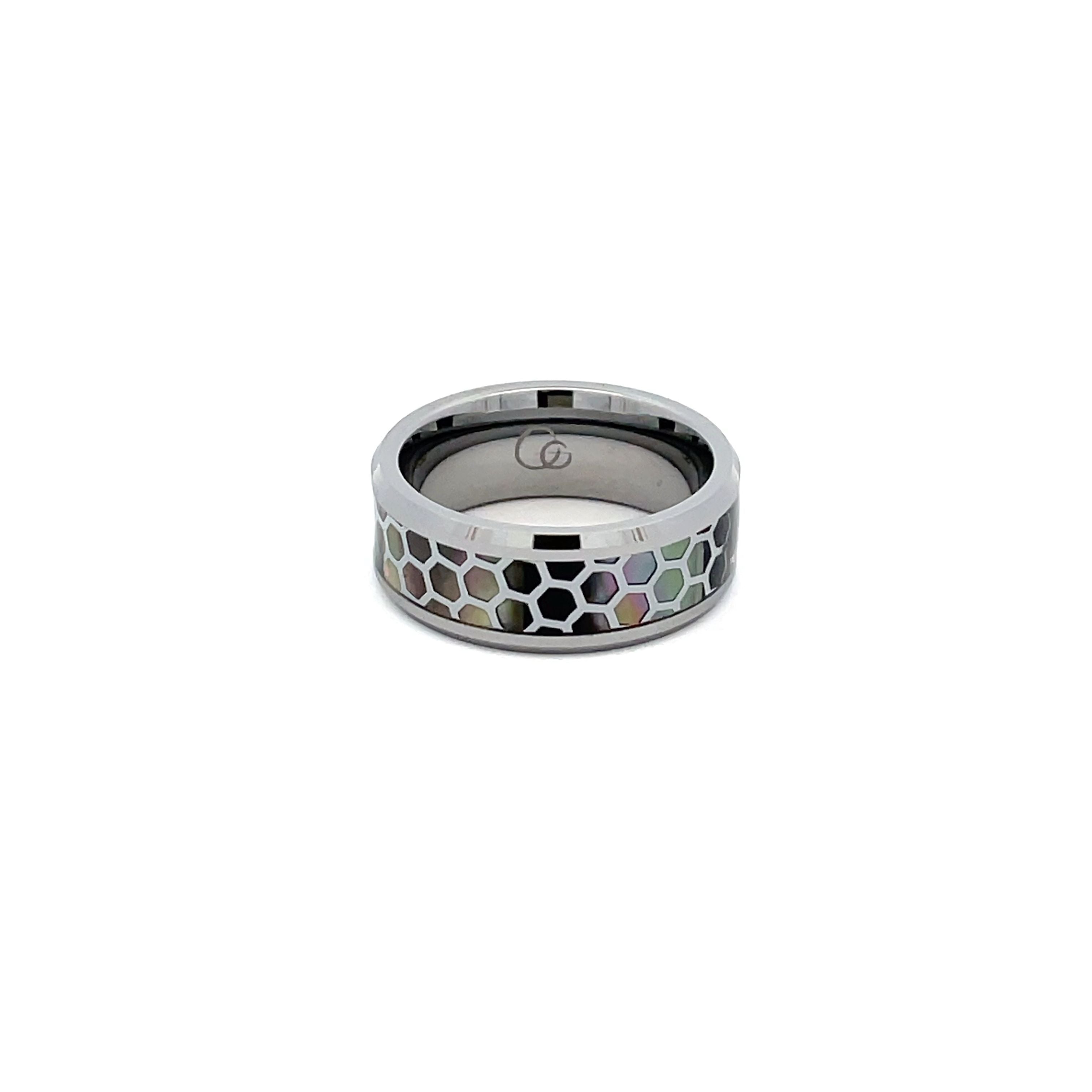 Tungsten Ring With Patterned Black Mother Of Pearl