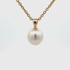 This Willie Creek Pearls pendant is composed of 18K yellow gold with a single 9-10mm drop shaped, white pearl with excellent lustre. Chain sold separately.