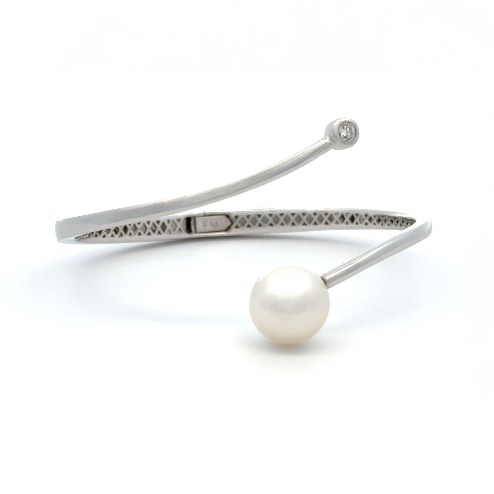 9K White Gold Australian South Sea 12-13mm Cultured Pearl and Diamond Bangle