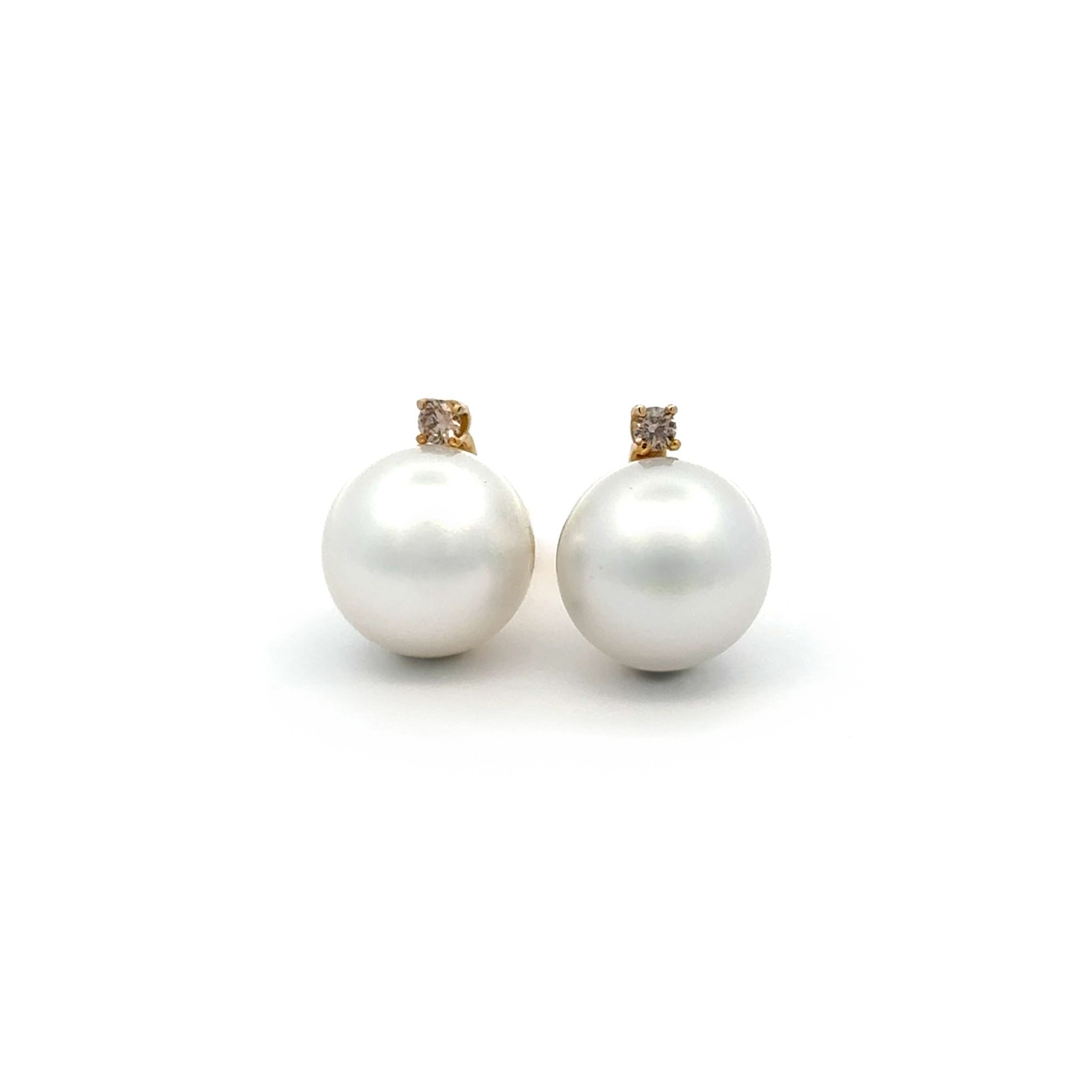 9K Yellow Gold Australian South Sea 10-11mm Cultured Pearl and Argyle Diamond Stud Earrings