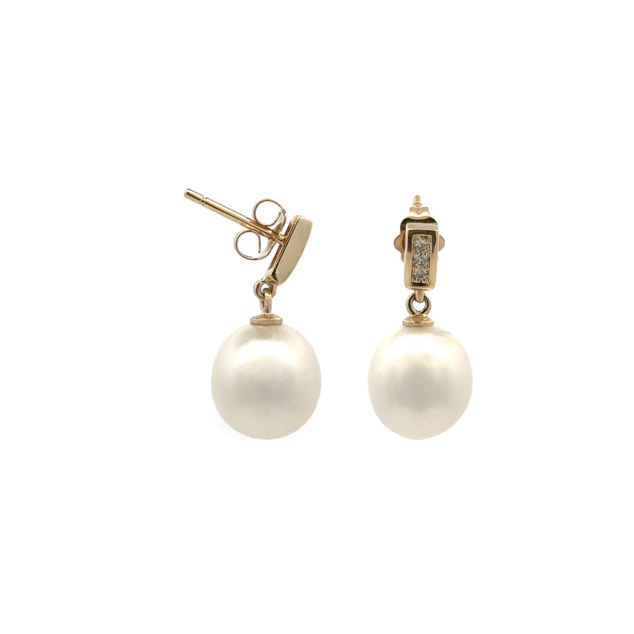 9KYG Australian South Sea Cultured 9-10mm Pearl and Diamond Drop Earrings