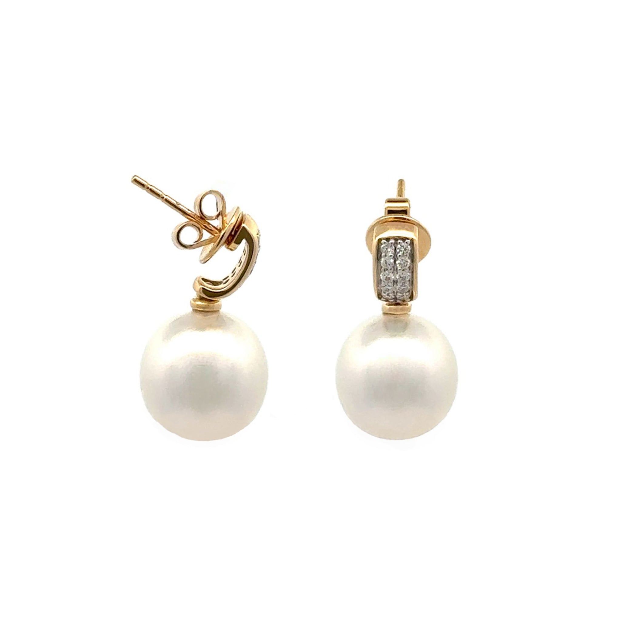 18K Yellow Gold Australian South Sea Cultured 11-12 mm Pearl and Diamond Drop Earrings